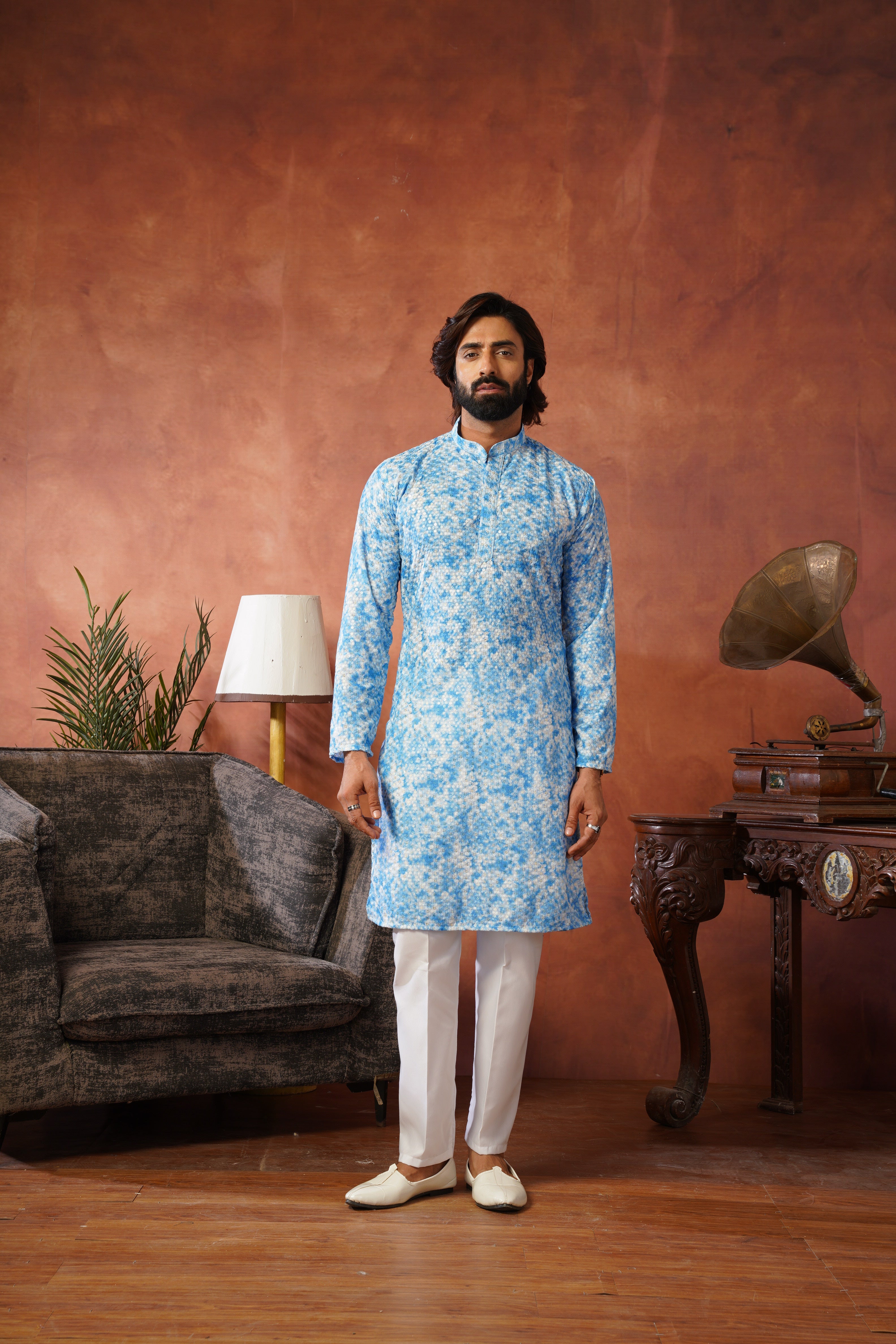 Blue Tie-Dye Print with Sequin Detailing Kurta Set for Men