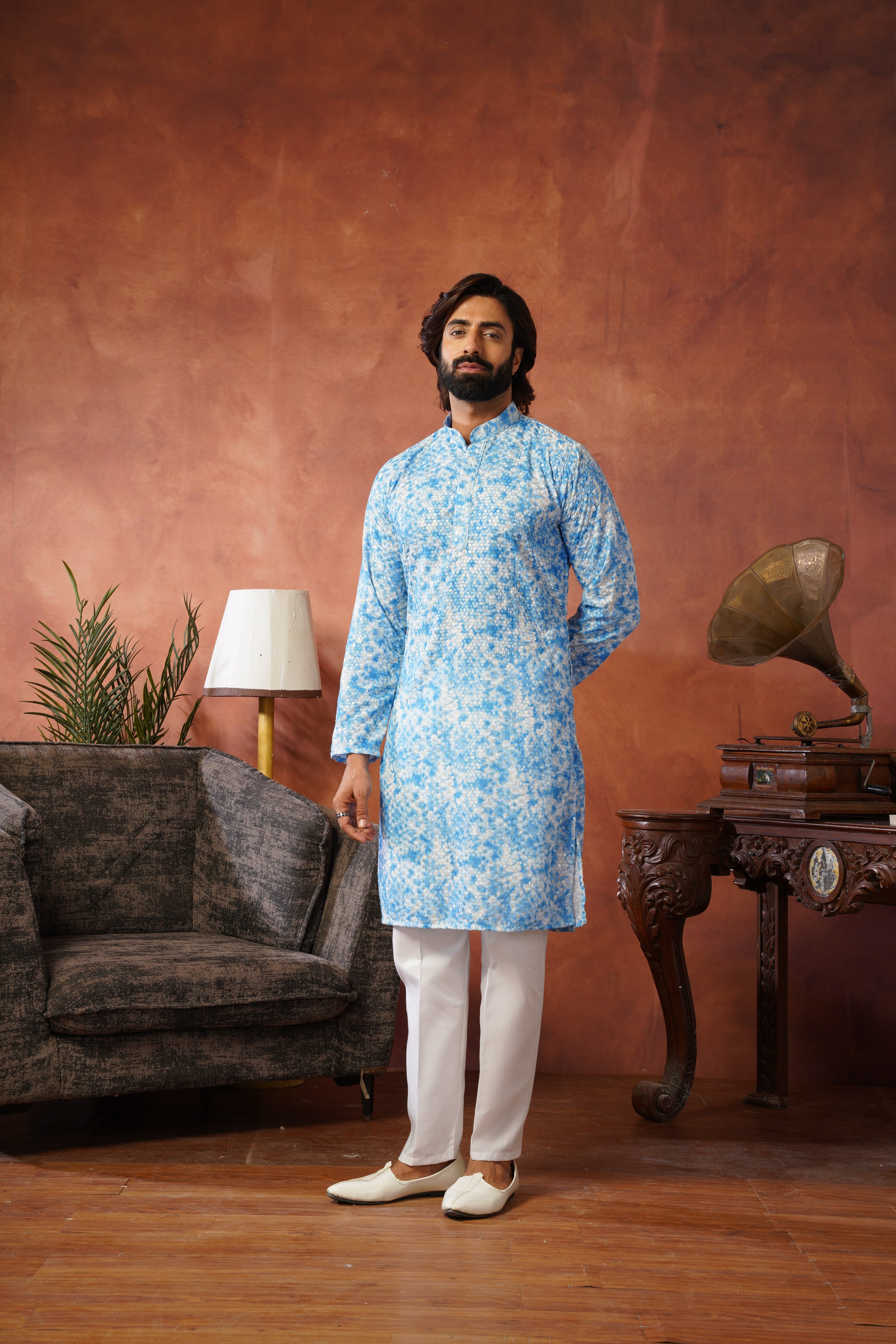 Blue Tie-Dye Print with Sequin Detailing Kurta Set for Men