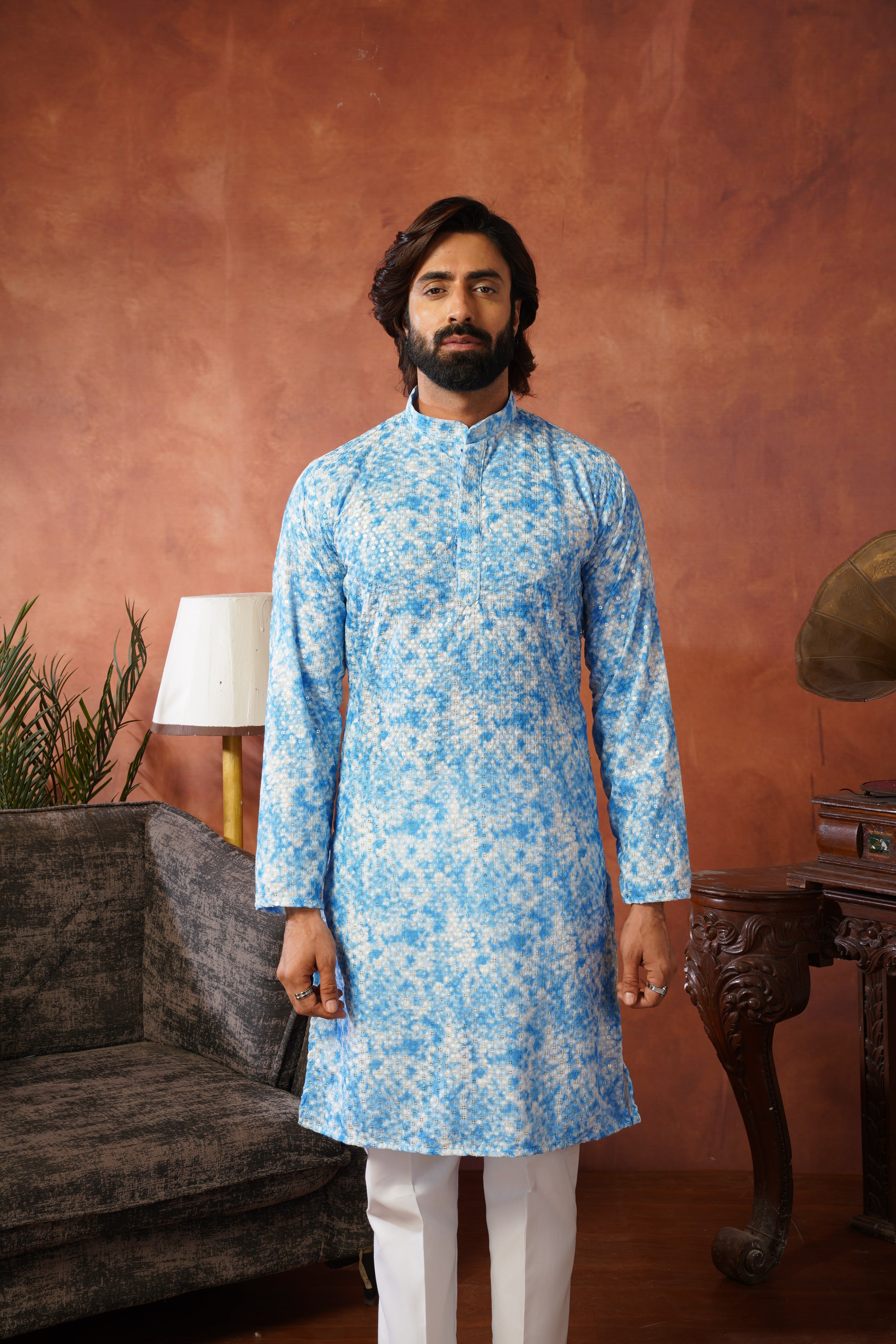 Blue Tie-Dye Print with Sequin Detailing Kurta Set for Men