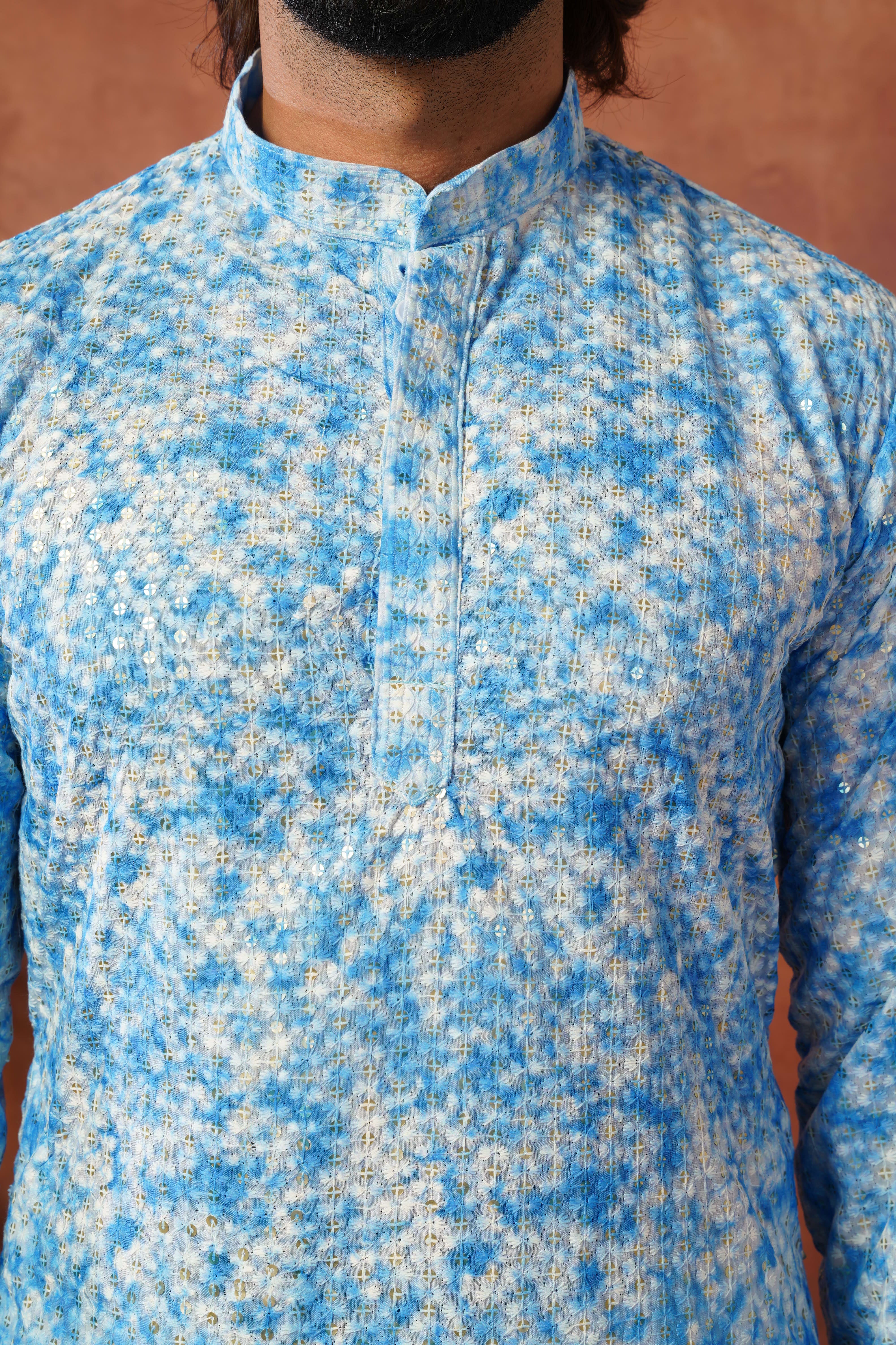Blue Tie-Dye Print with Sequin Detailing Kurta Set for Men