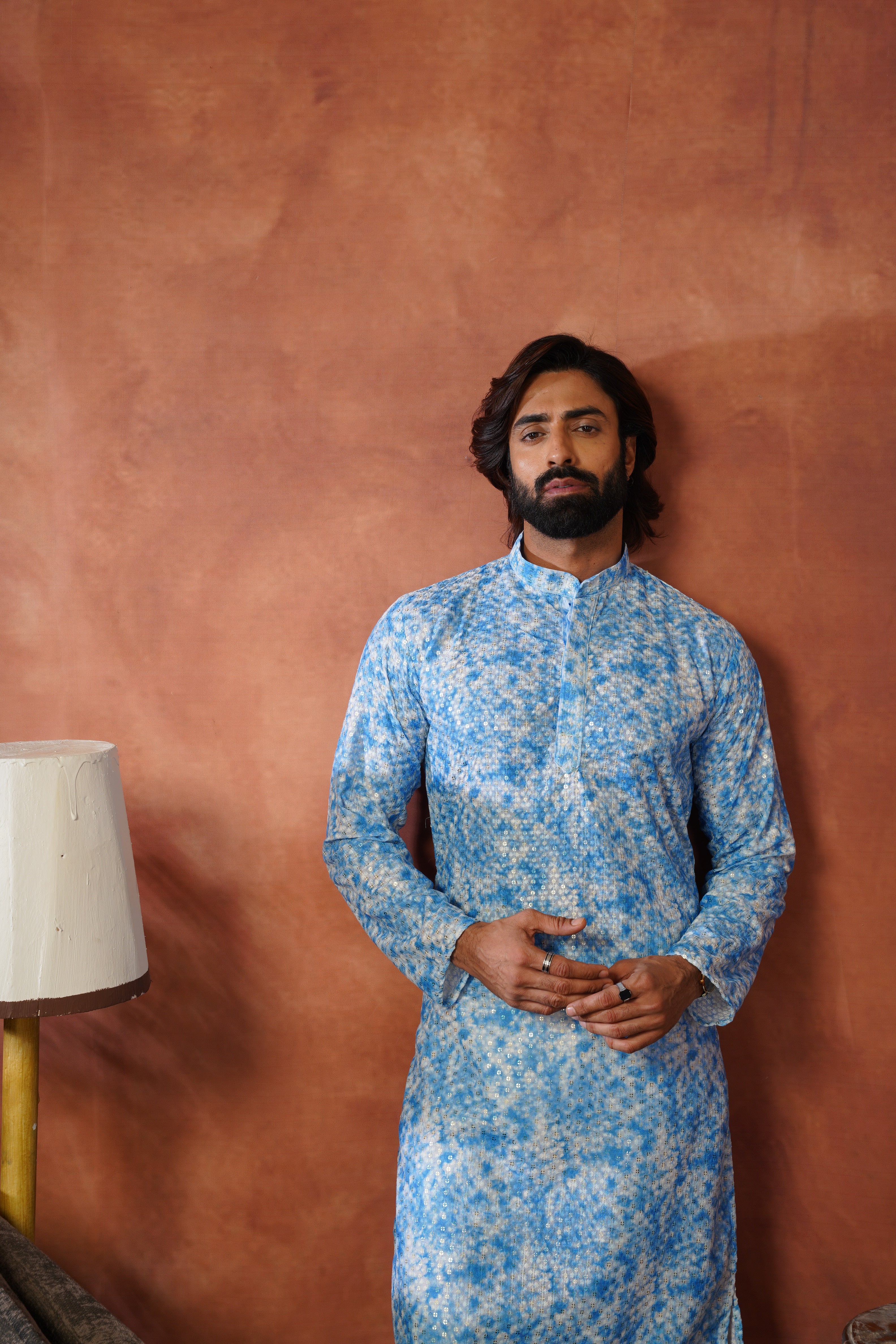 Blue Tie-Dye Print with Sequin Detailing Kurta Set for Men