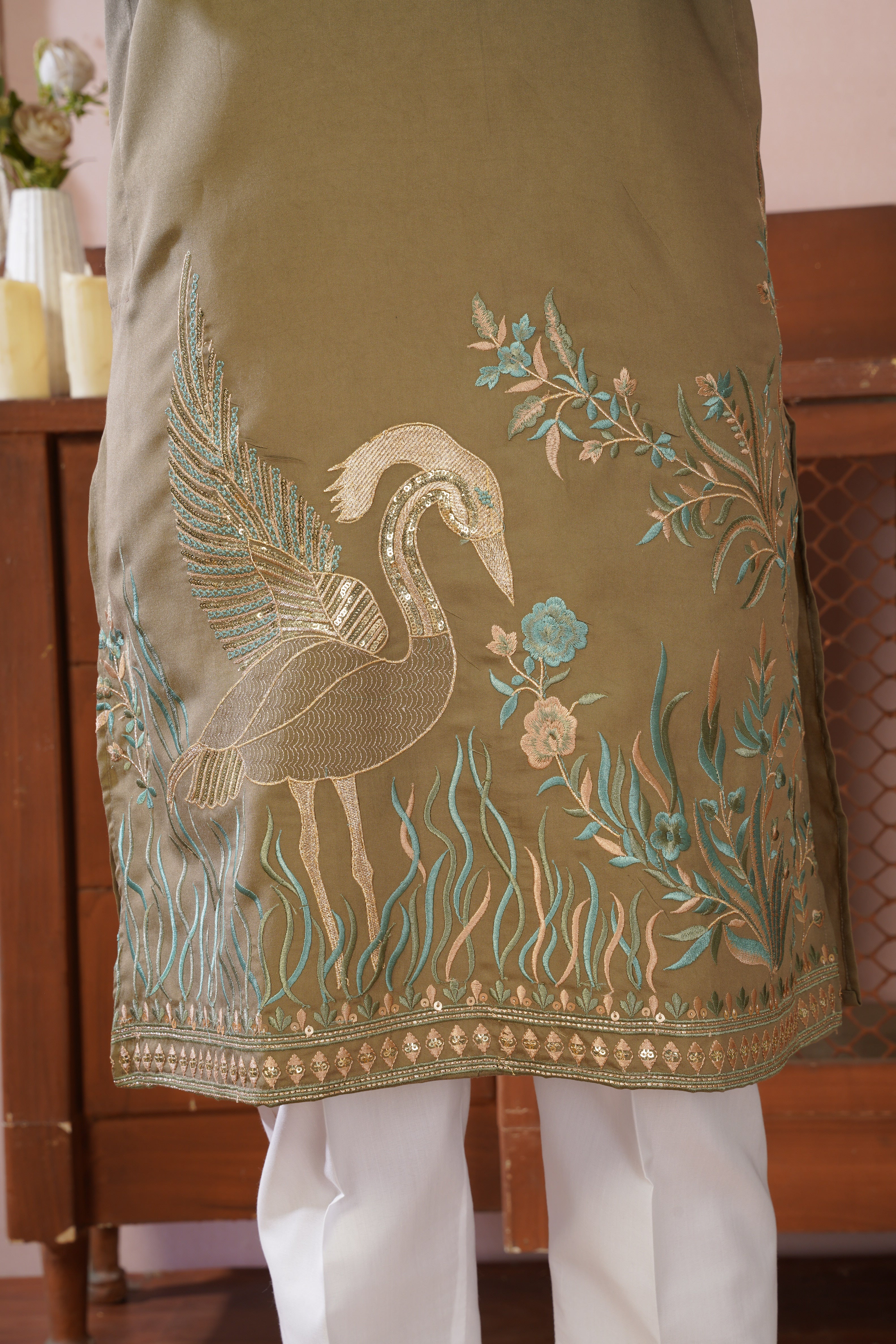 Beige Olive Morbagh Neckwork Embroidered Mens Kurta