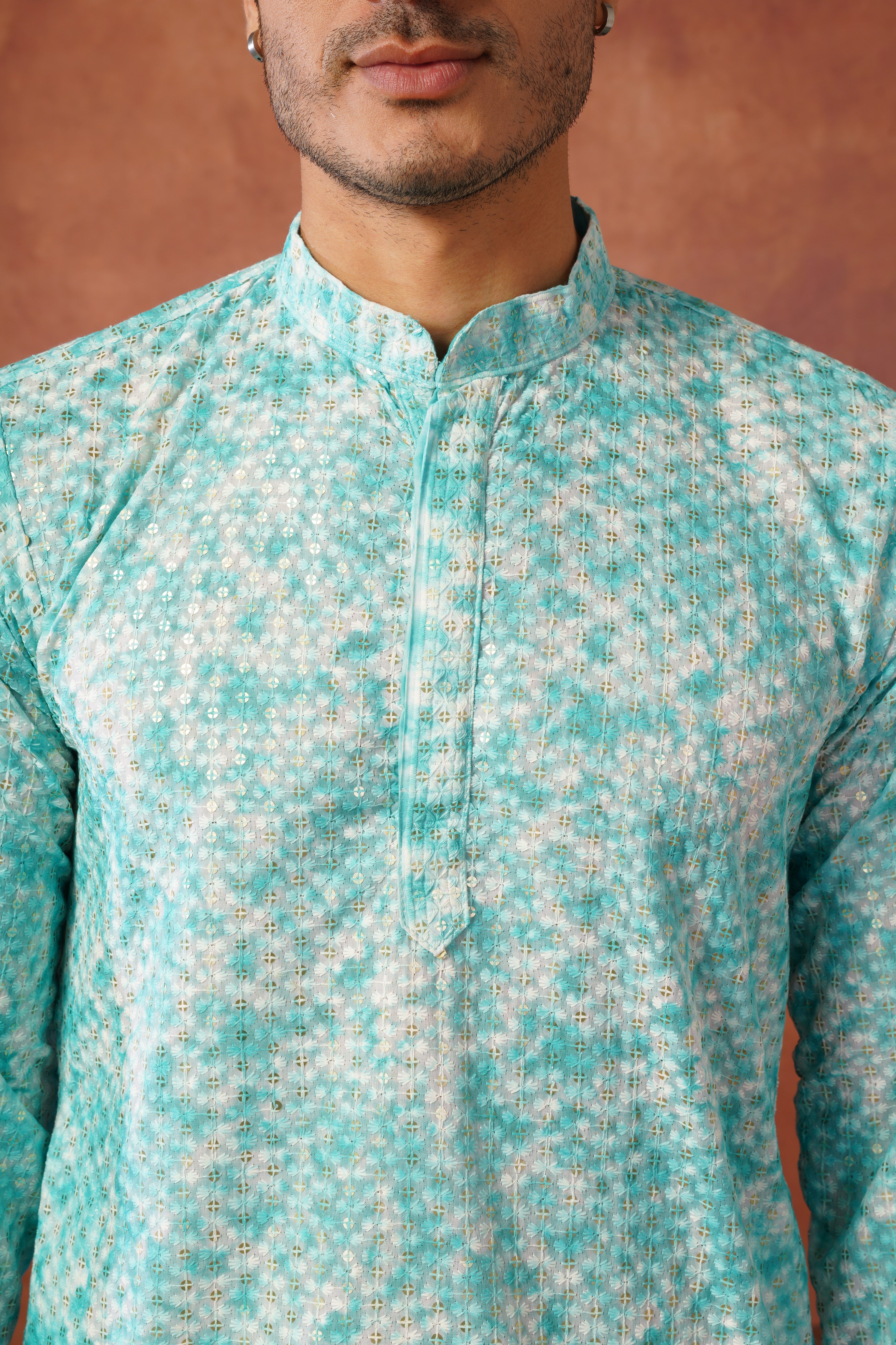 Aqua Tie-Dye Print with Sequin Detailing Kurta Set for Men