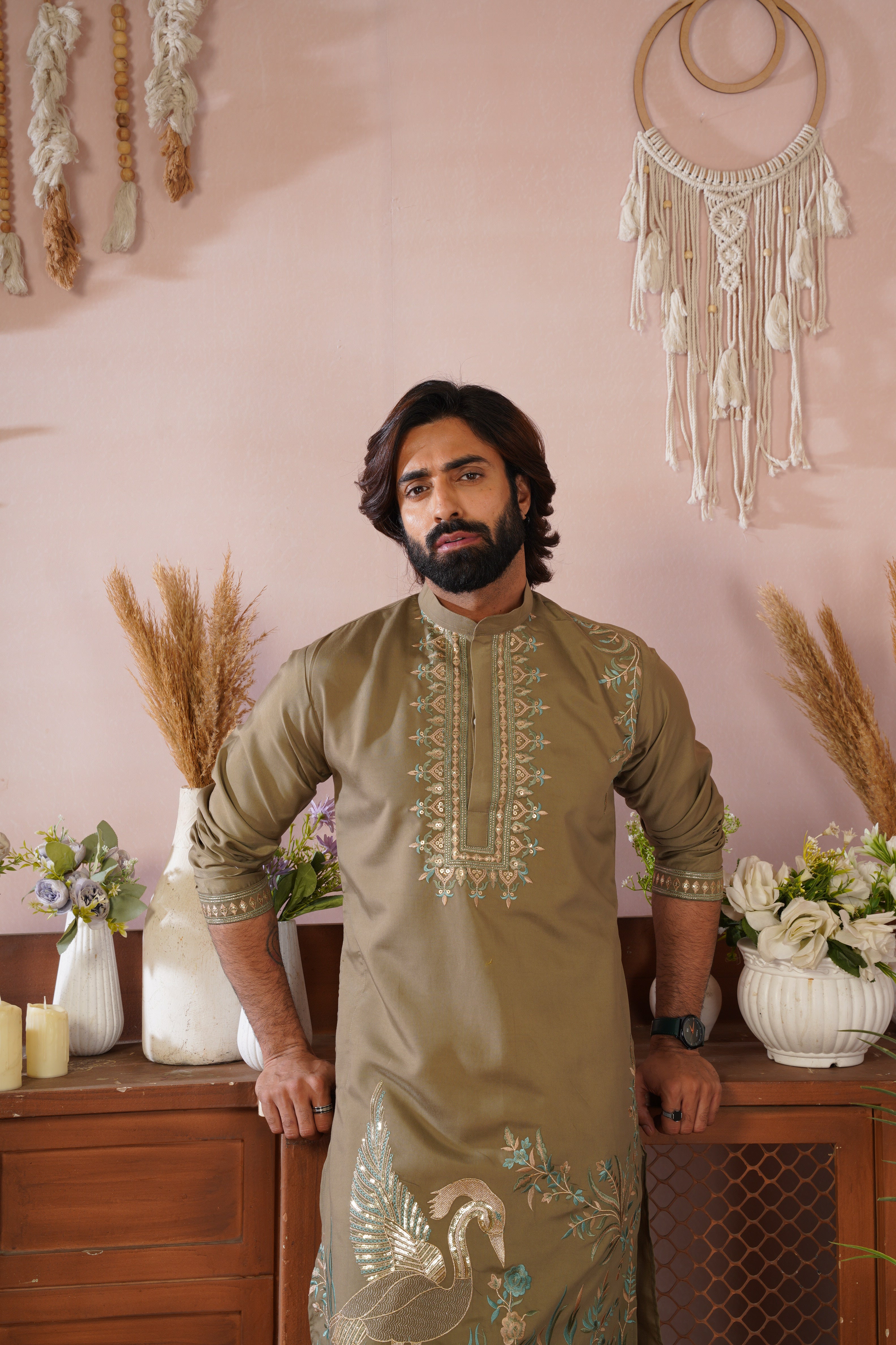 Beige Olive Morbagh Neckwork Embroidered Mens Kurta