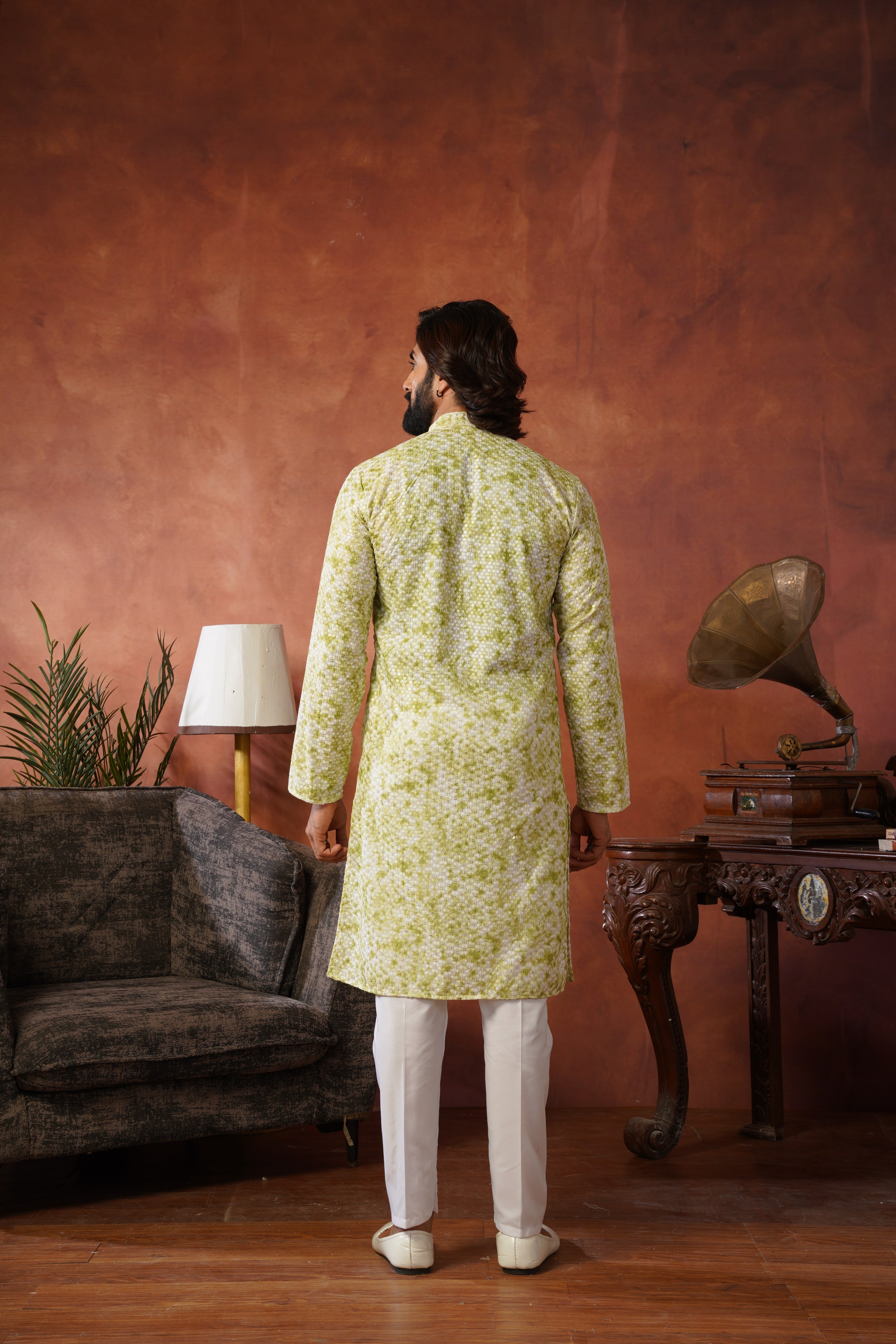 Green Tie-Dye Print with Sequin Detailing Kurta Set for Men