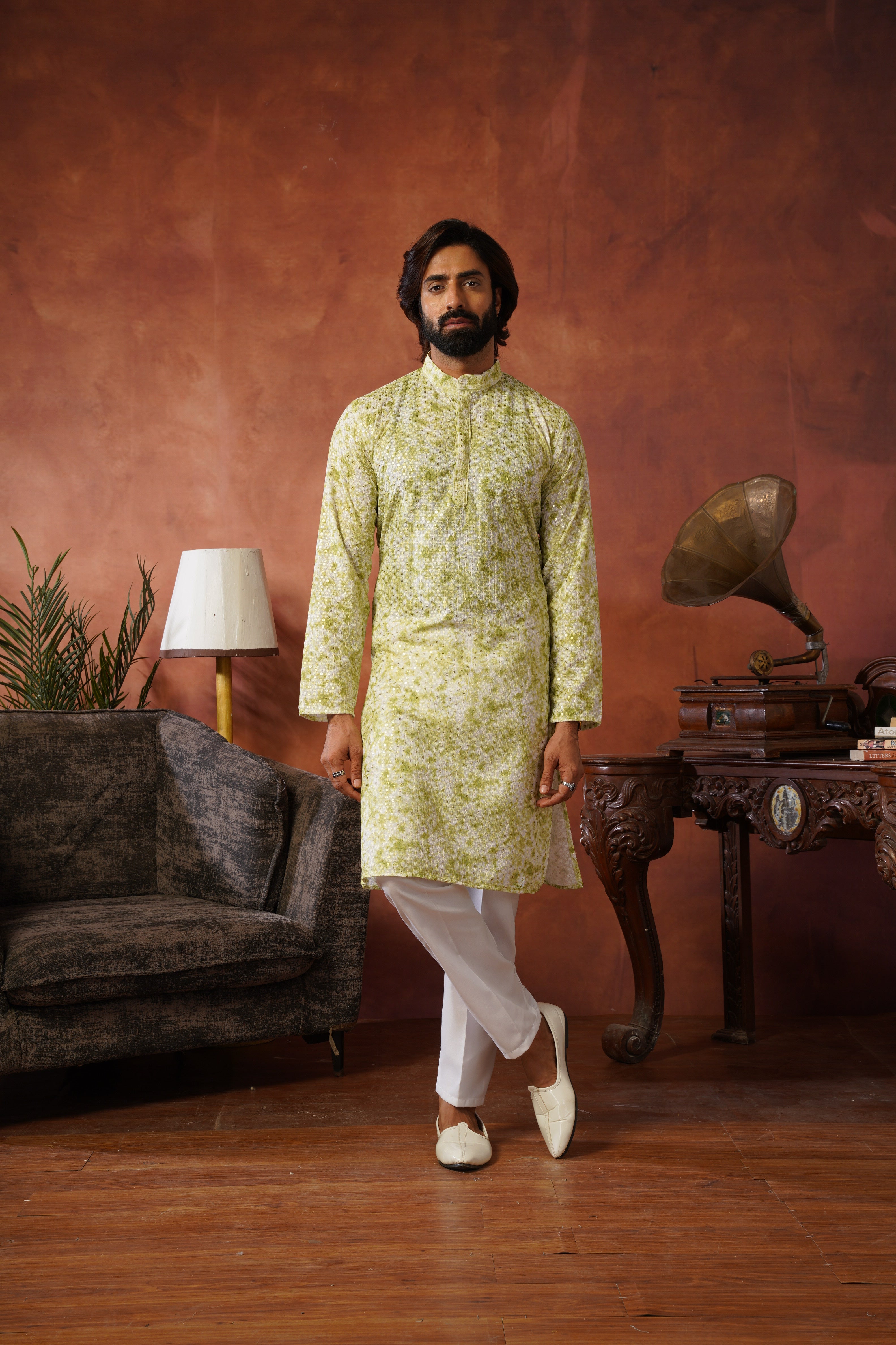 Green Tie-Dye Print with Sequin Detailing Kurta Set for Men