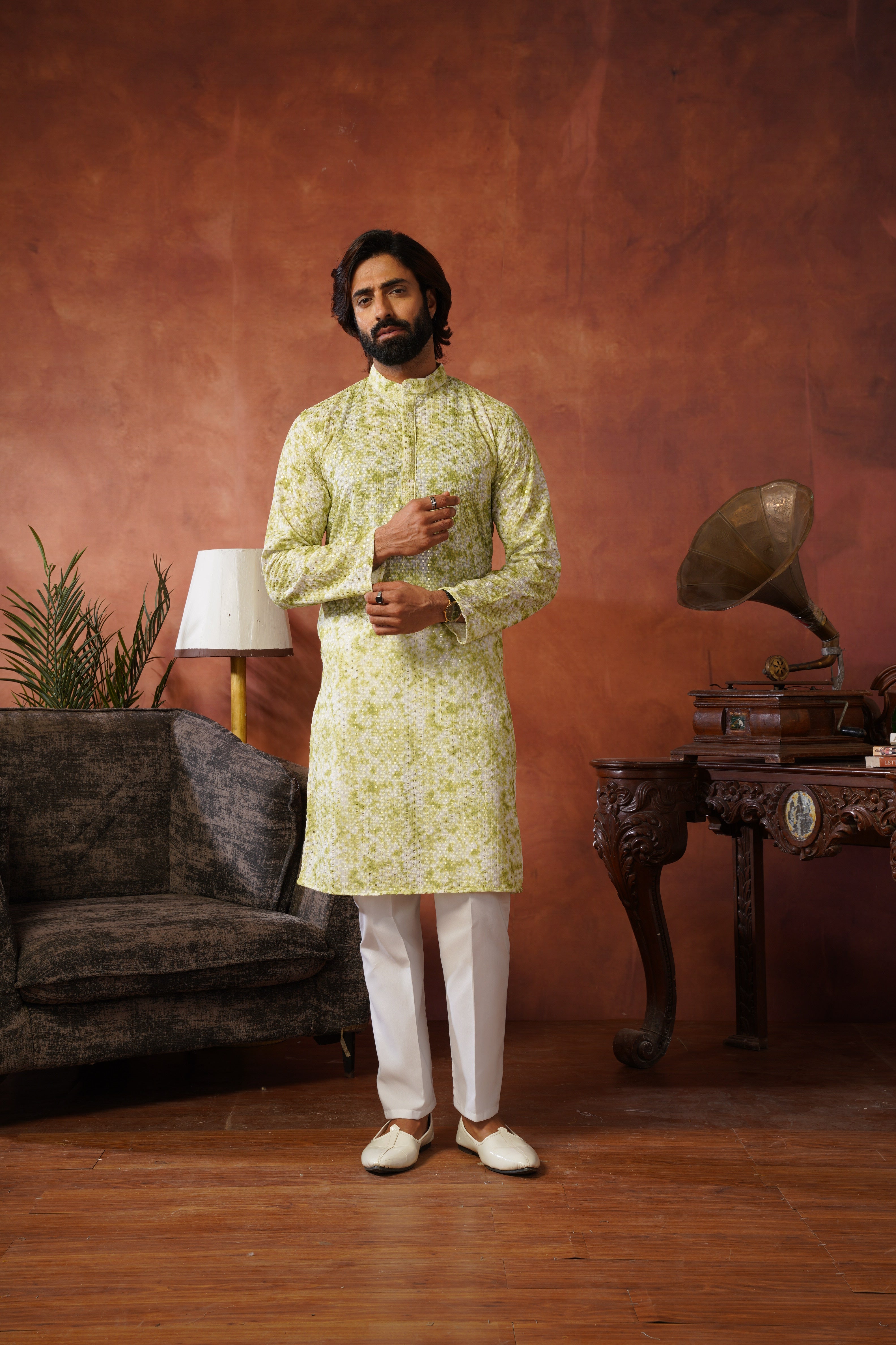 Green Tie-Dye Print with Sequin Detailing Kurta Set for Men