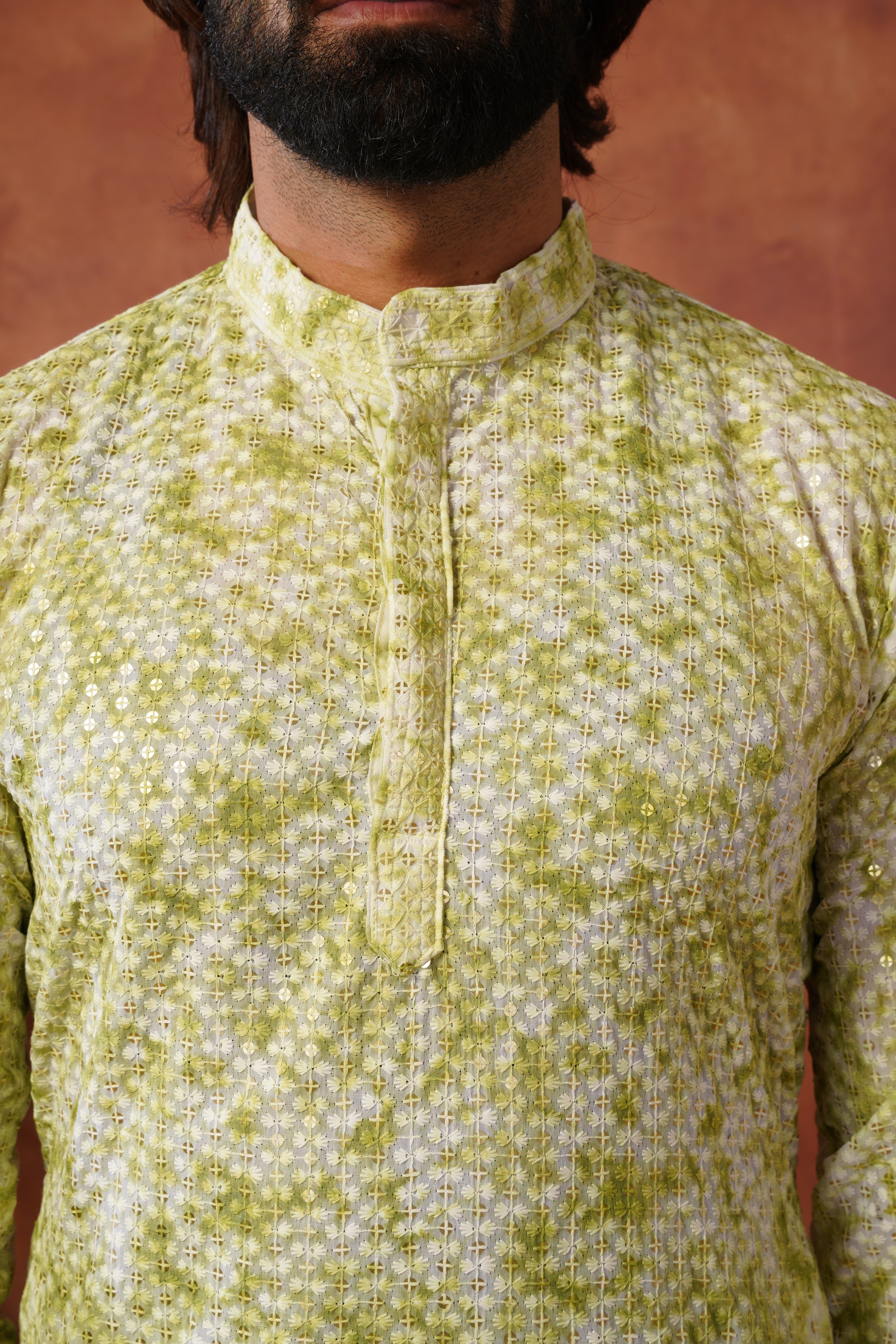 Green Tie-Dye Print with Sequin Detailing Kurta Set for Men