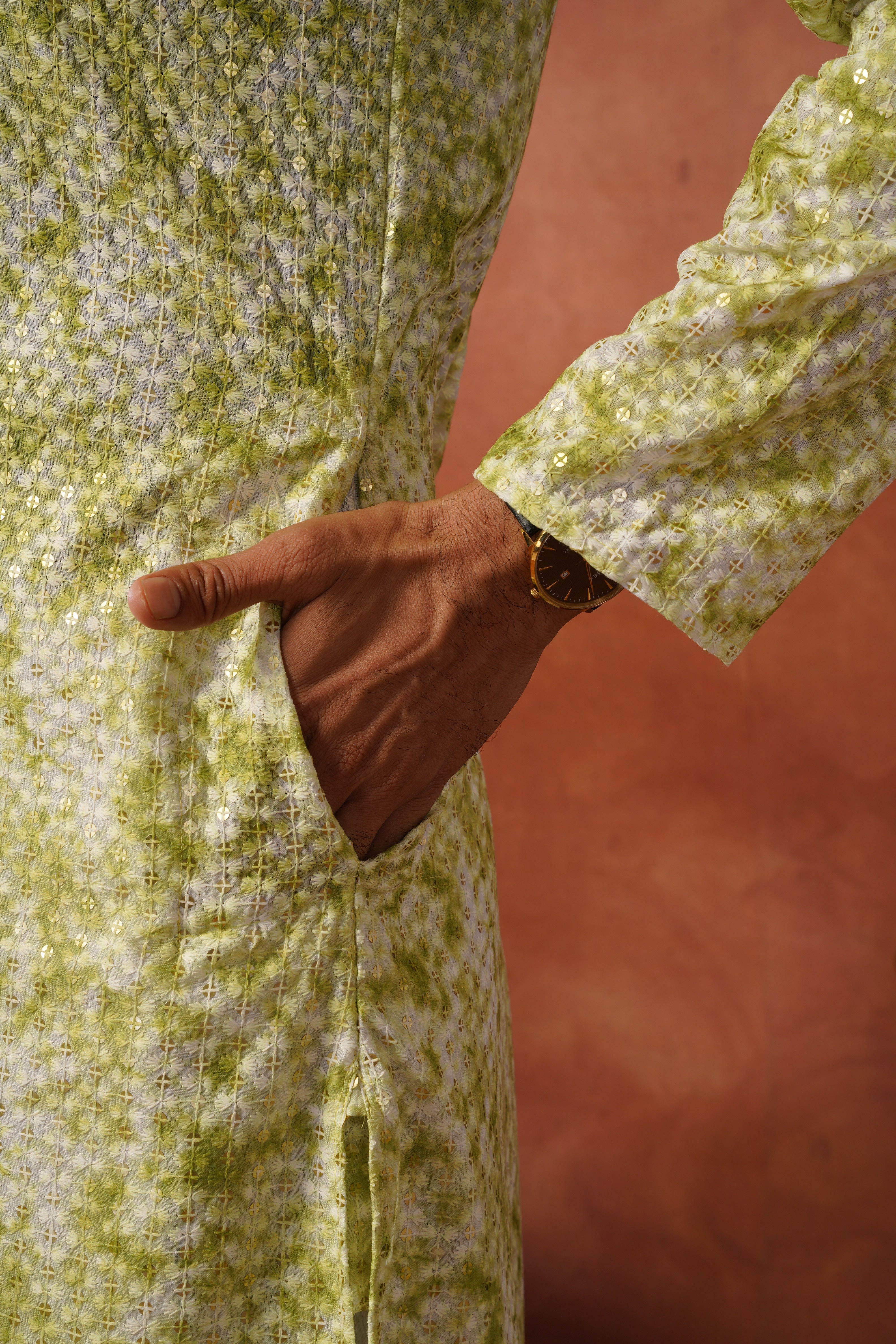 Green Tie-Dye Print with Sequin Detailing Kurta Set for Men