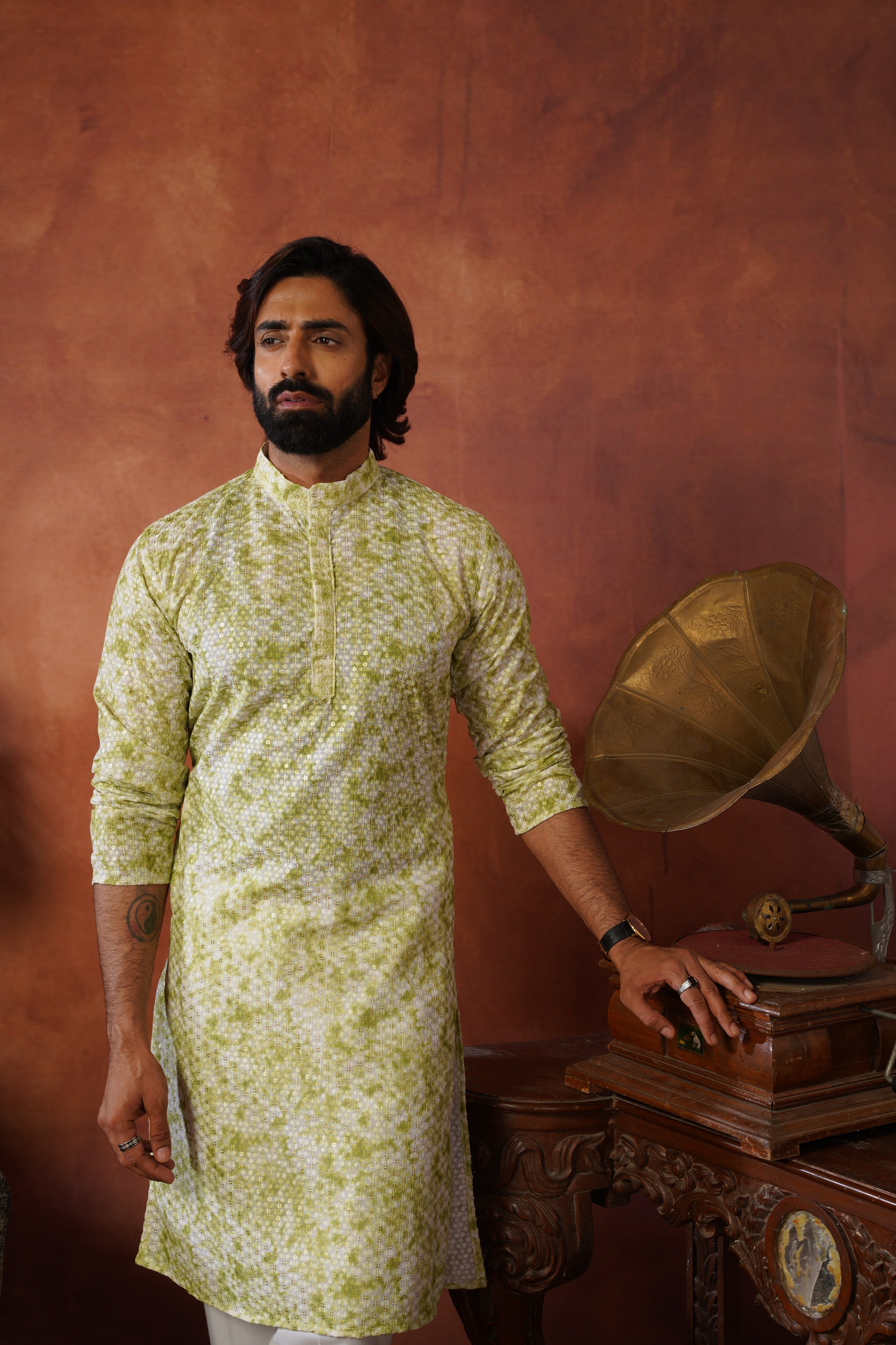 Green Tie-Dye Print with Sequin Detailing Kurta Set for Men