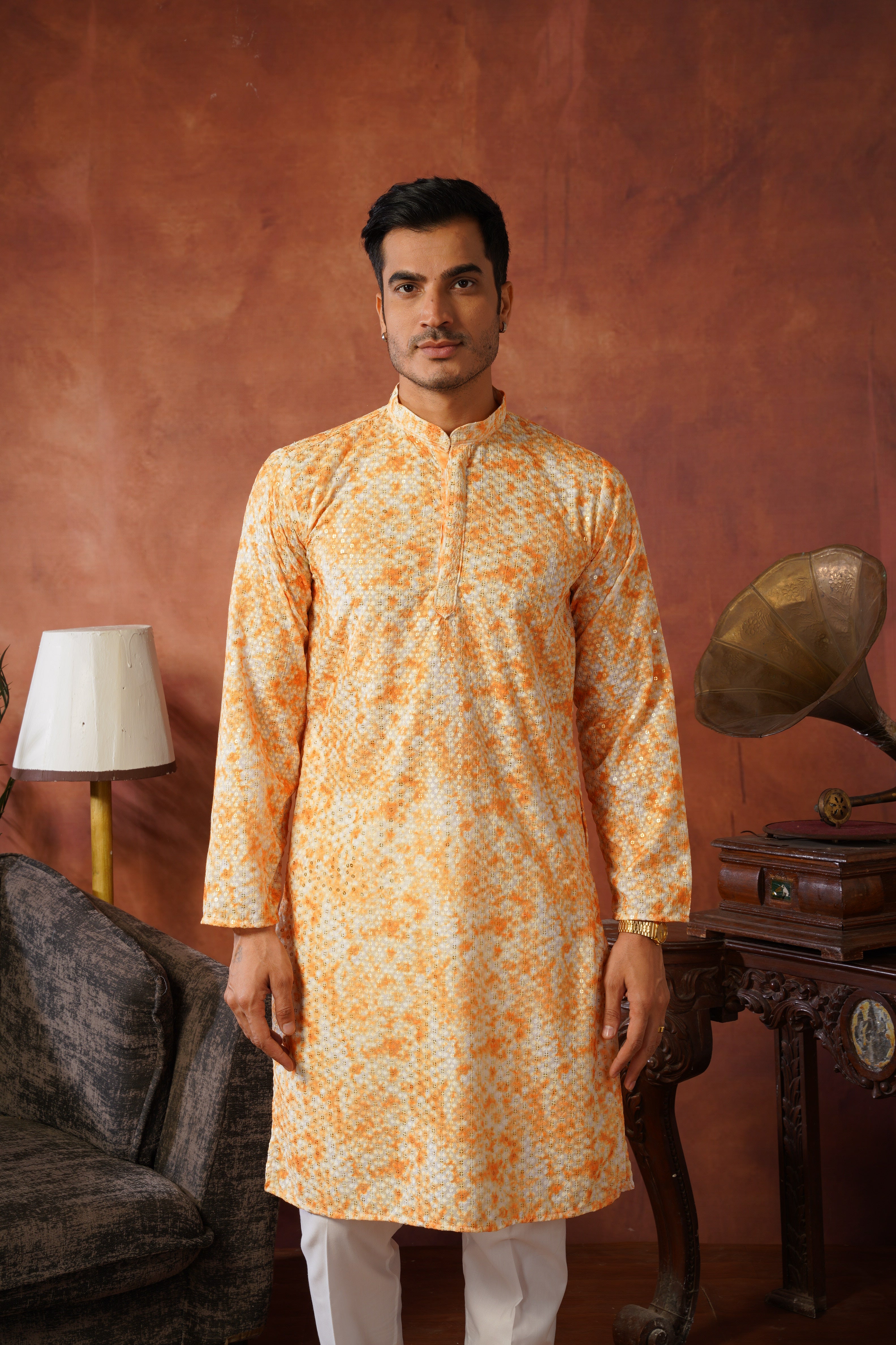 Orange Tie-Dye Print with Sequin Detailing Kurta Set for Men