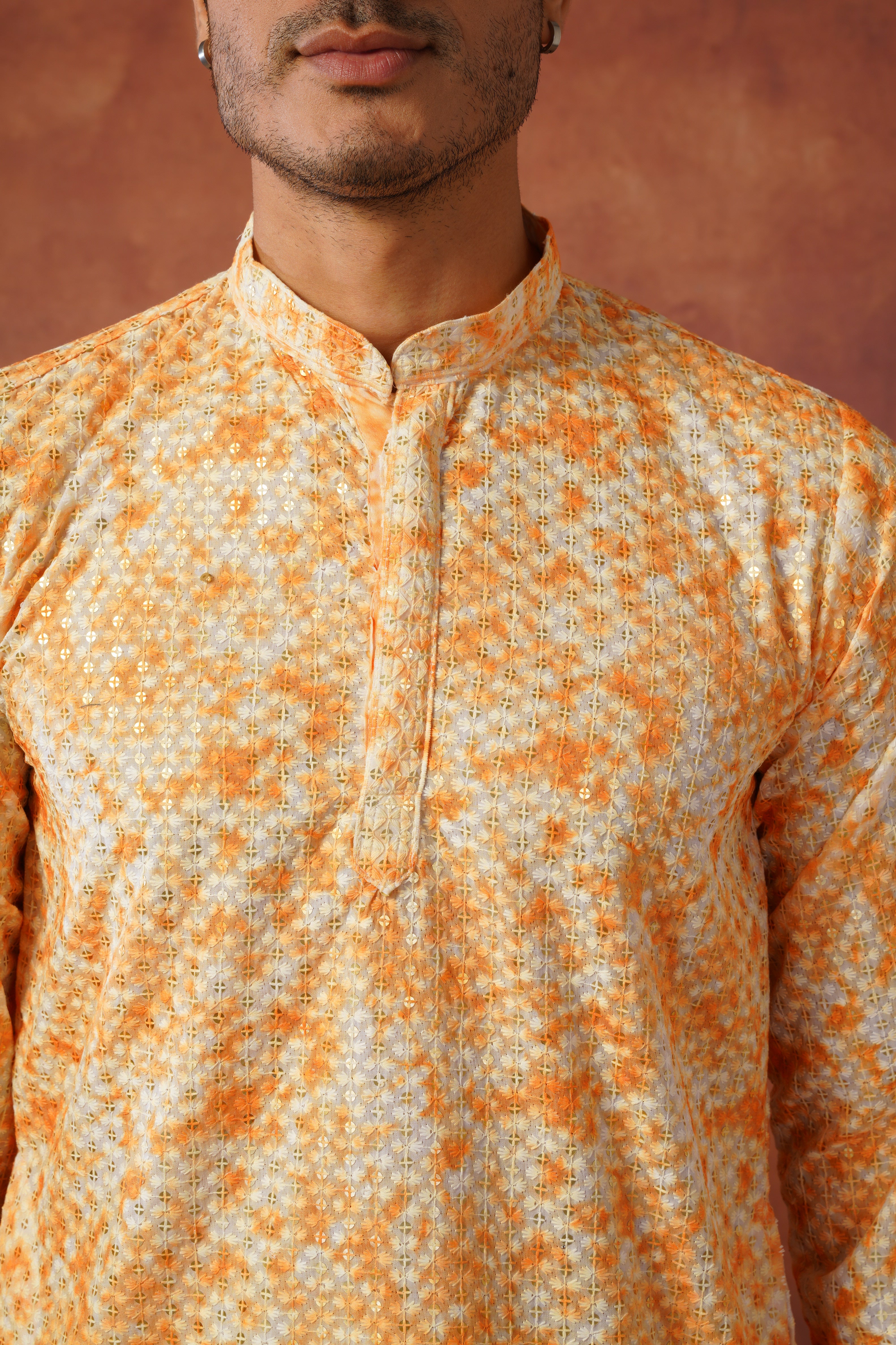 Orange Tie-Dye Print with Sequin Detailing Kurta Set for Men