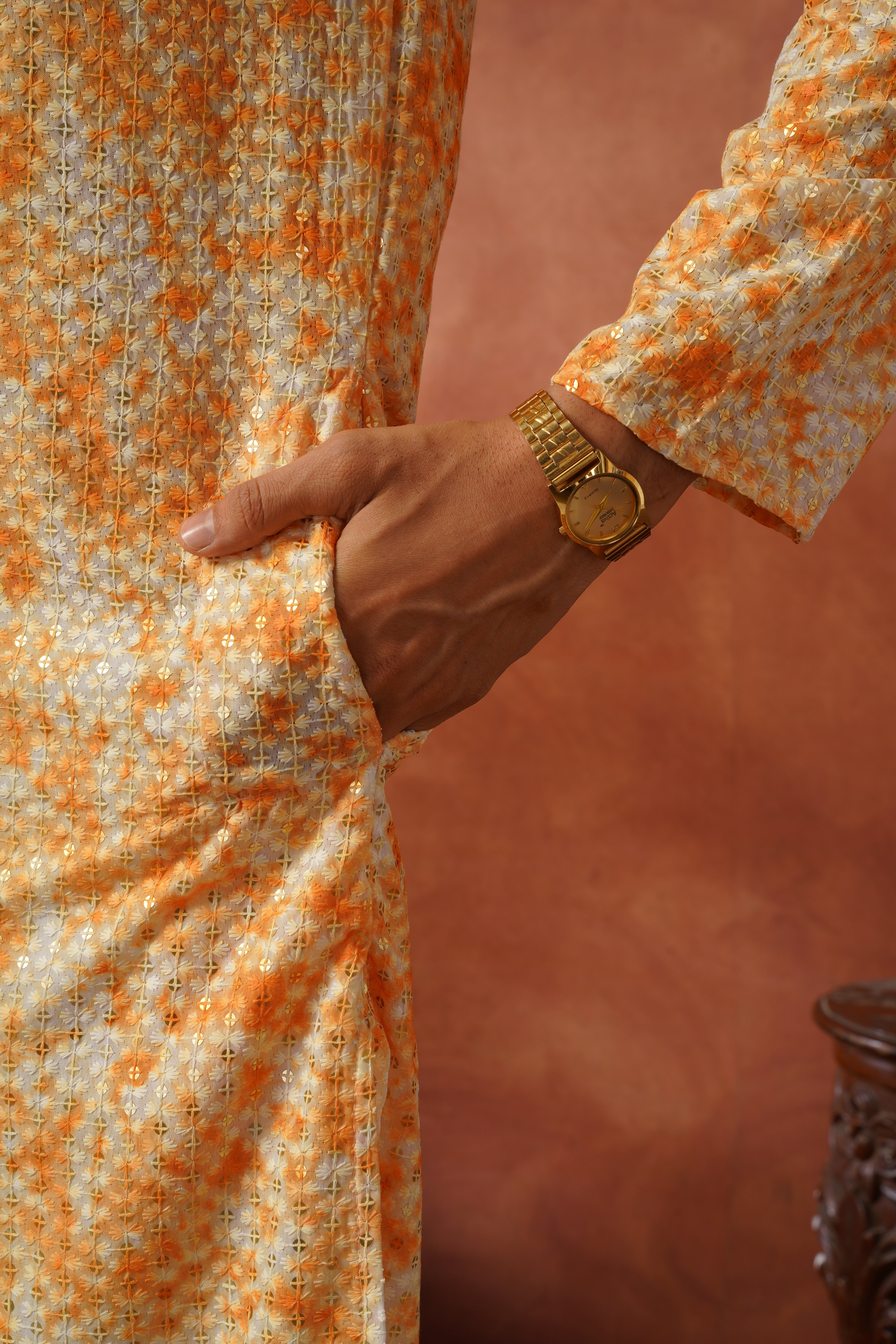 Orange Tie-Dye Print with Sequin Detailing Kurta Set for Men