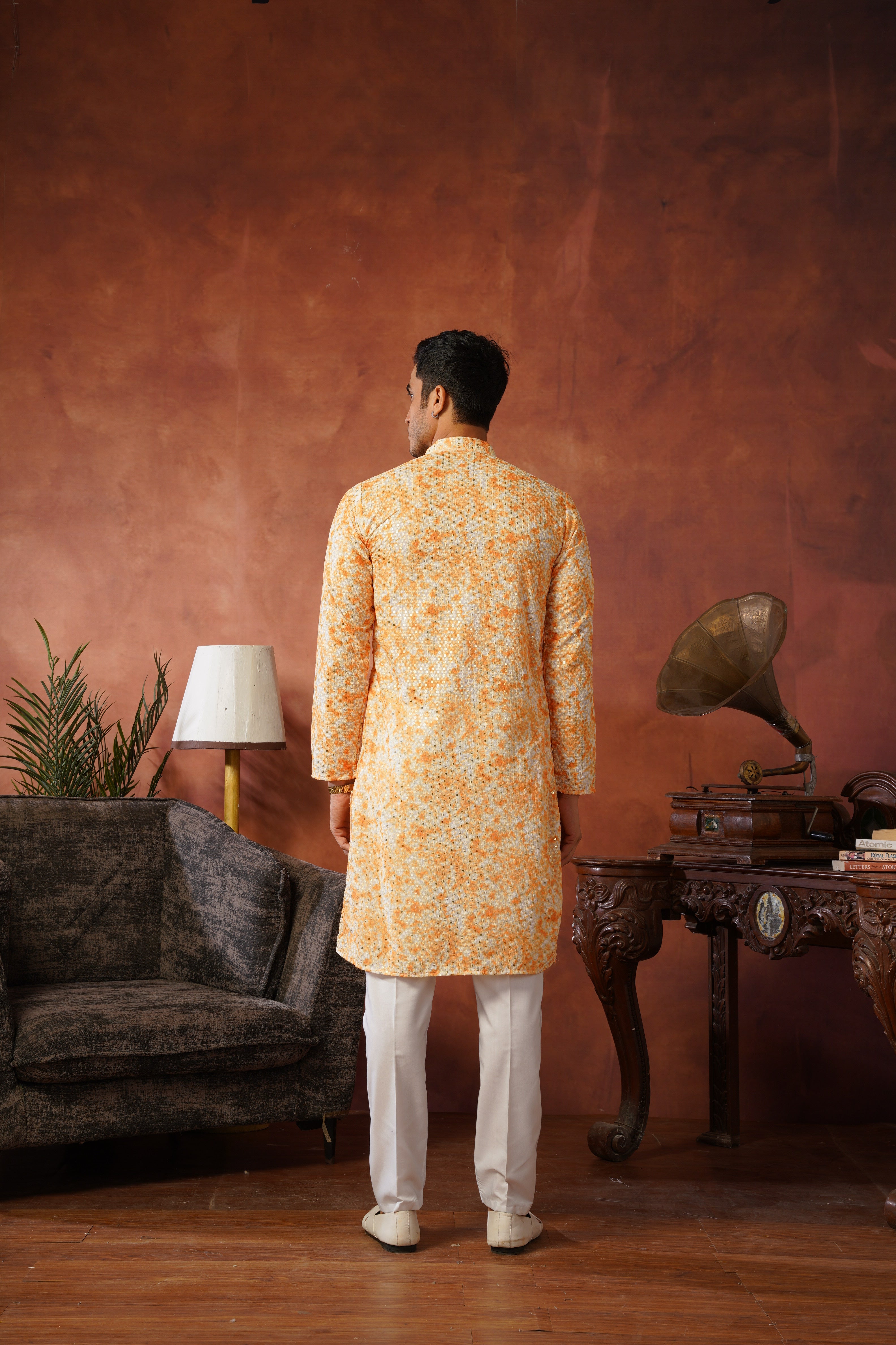 Orange Tie-Dye Print with Sequin Detailing Kurta Set for Men