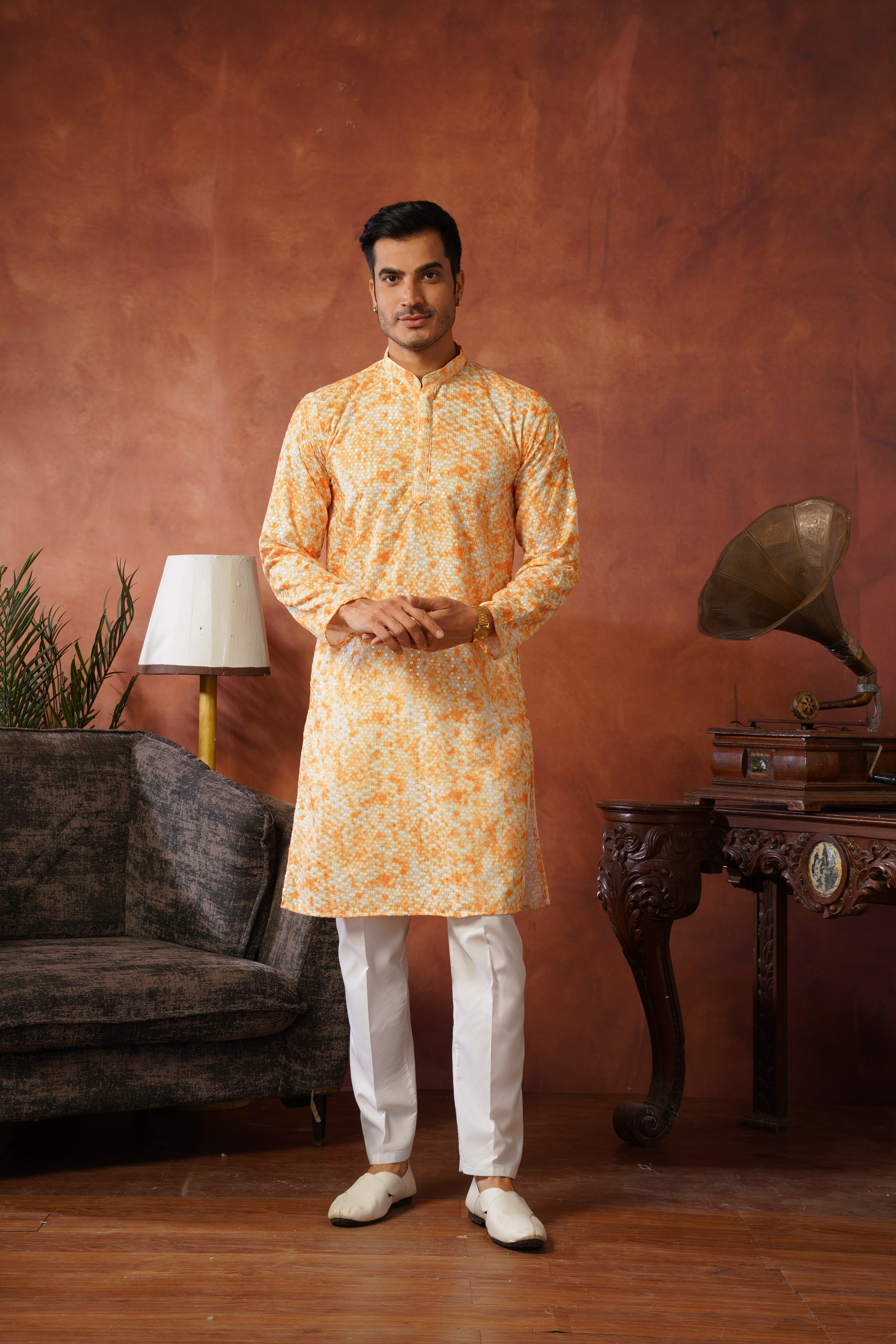 Orange Tie-Dye Print with Sequin Detailing Kurta Set for Men