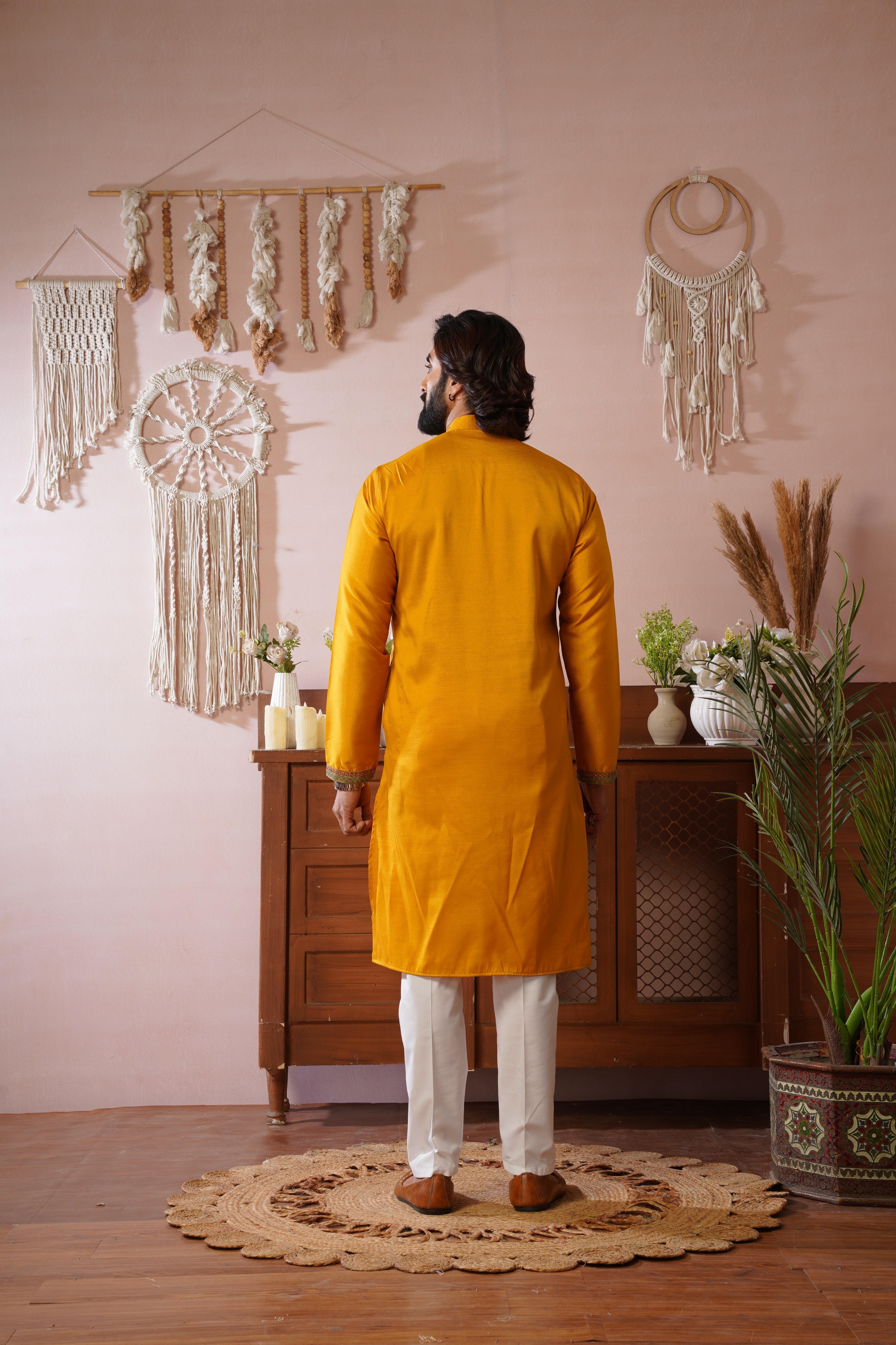 Embroidered Neckline & All-Over Motif Detailing Yellow Kurta Set
