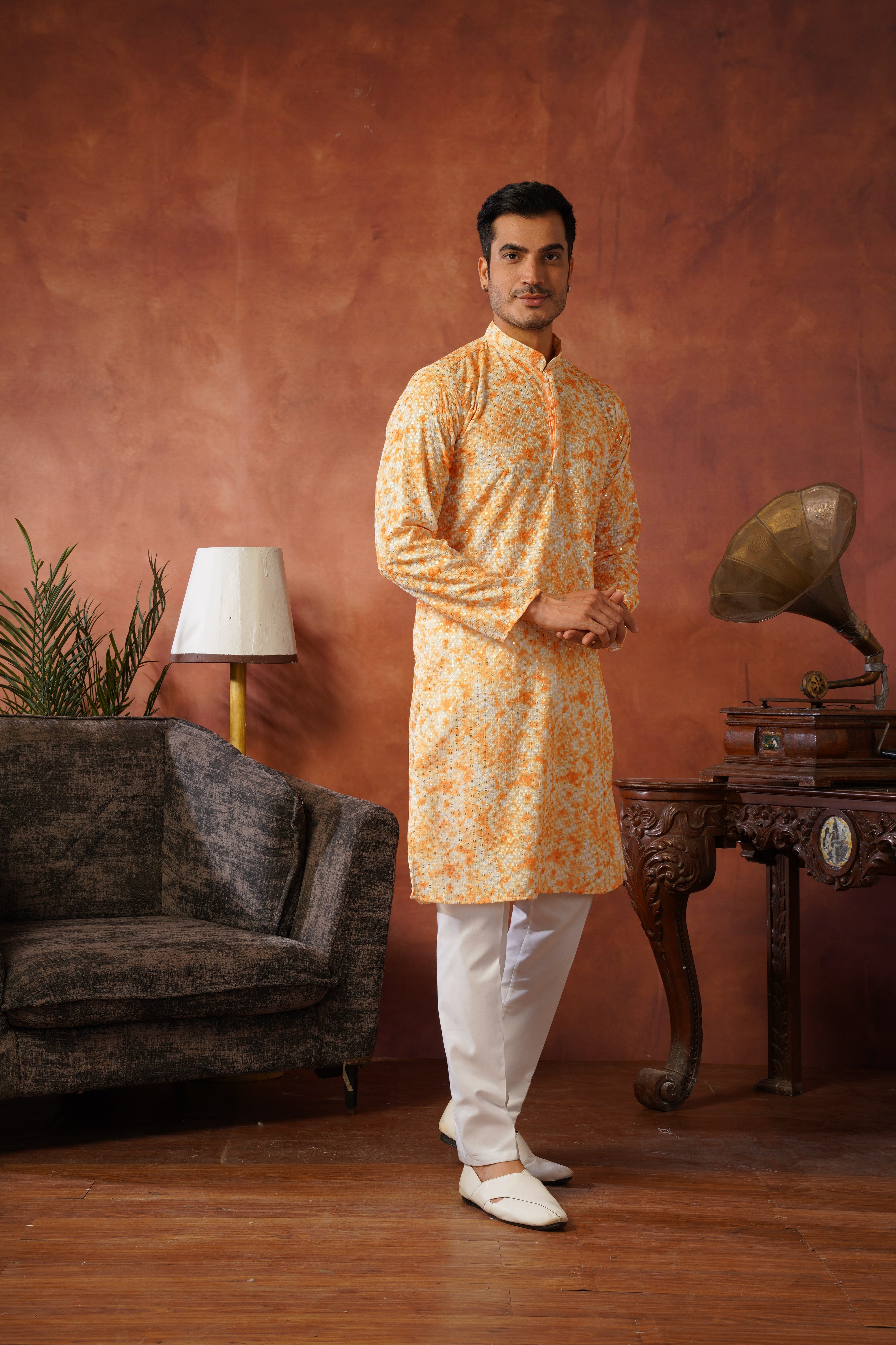 Orange Tie-Dye Print with Sequin Detailing Kurta Set for Men