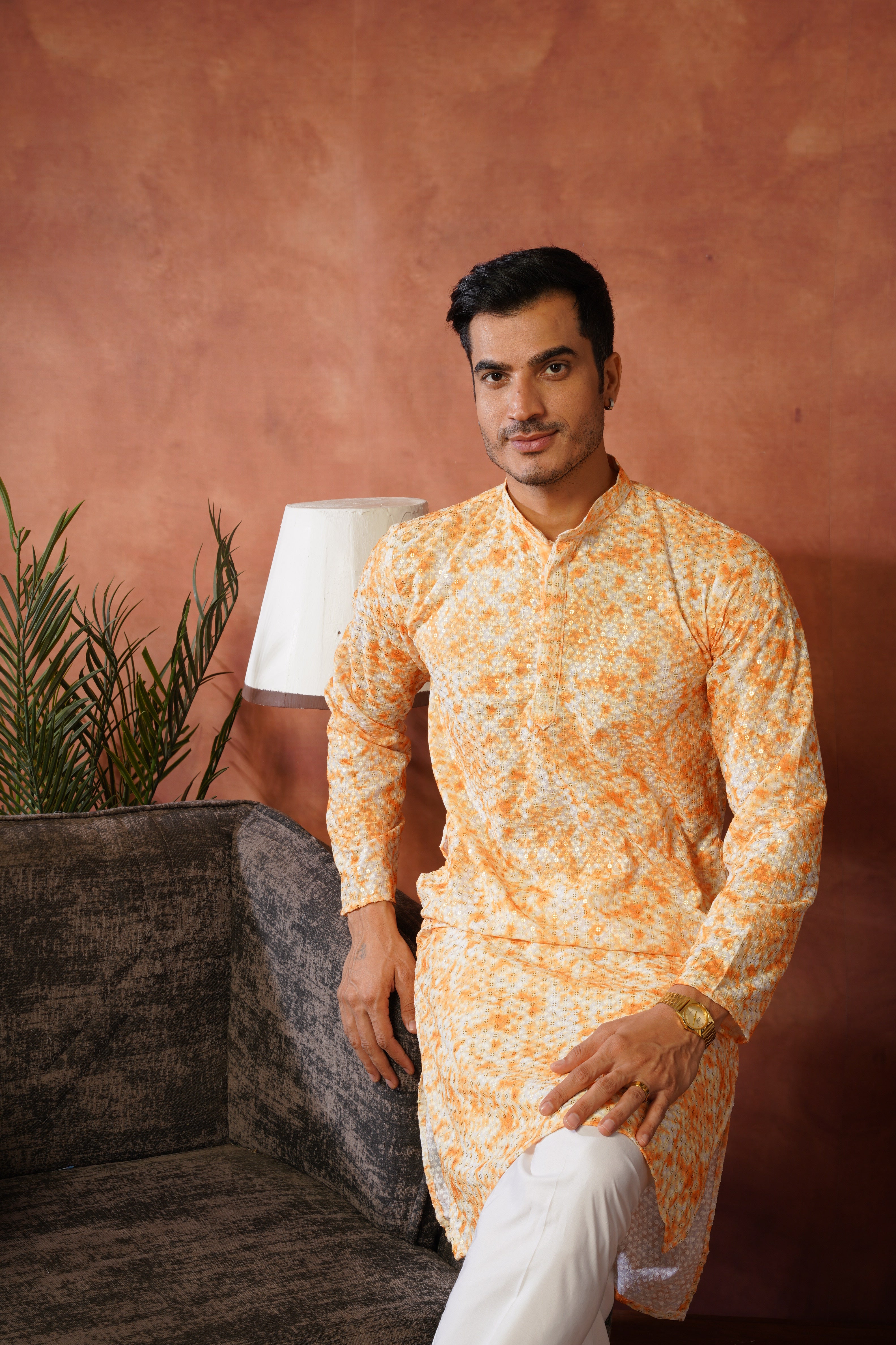 Orange Tie-Dye Print with Sequin Detailing Kurta Set for Men