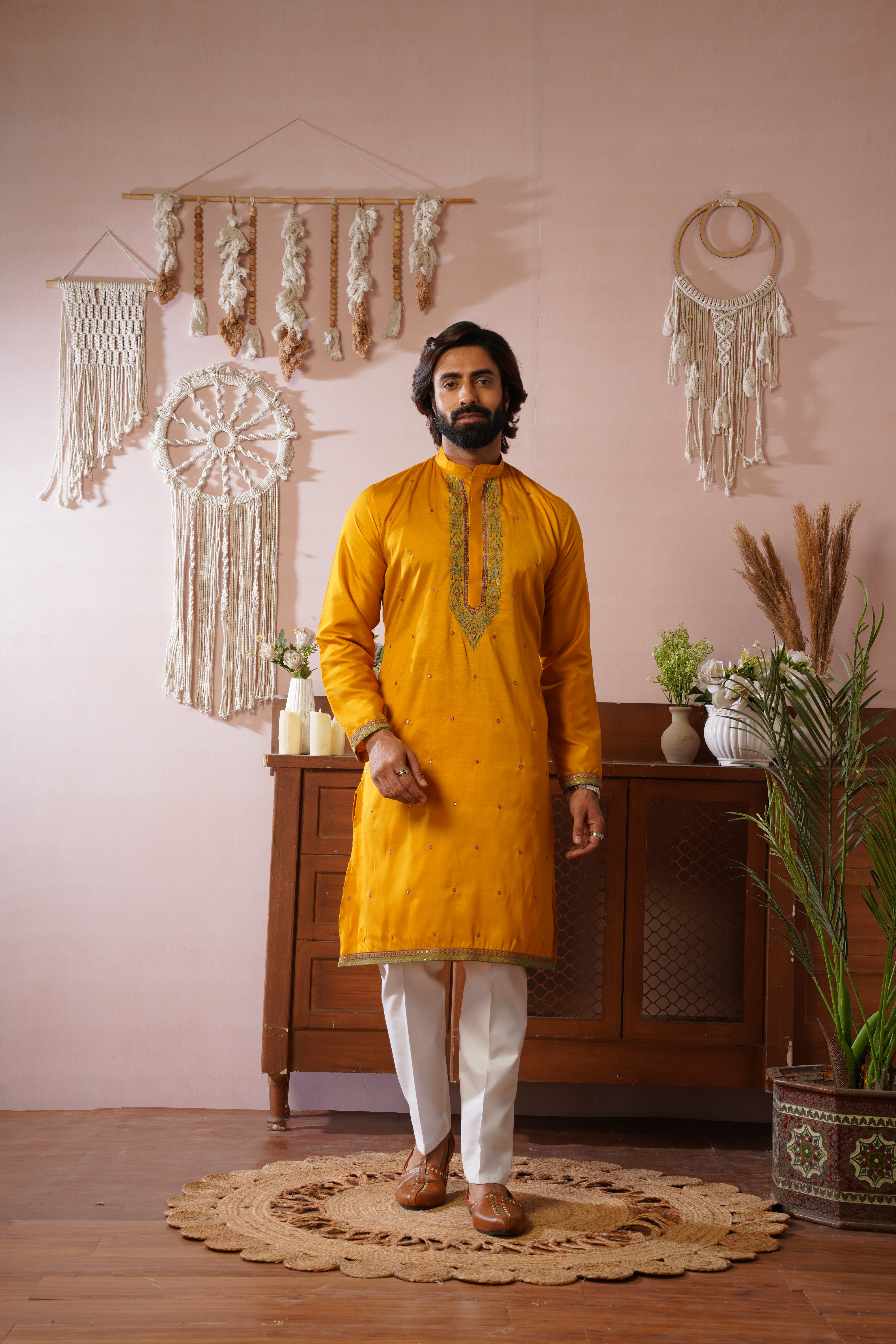 Embroidered Neckline & All-Over Motif Detailing Yellow Kurta Set