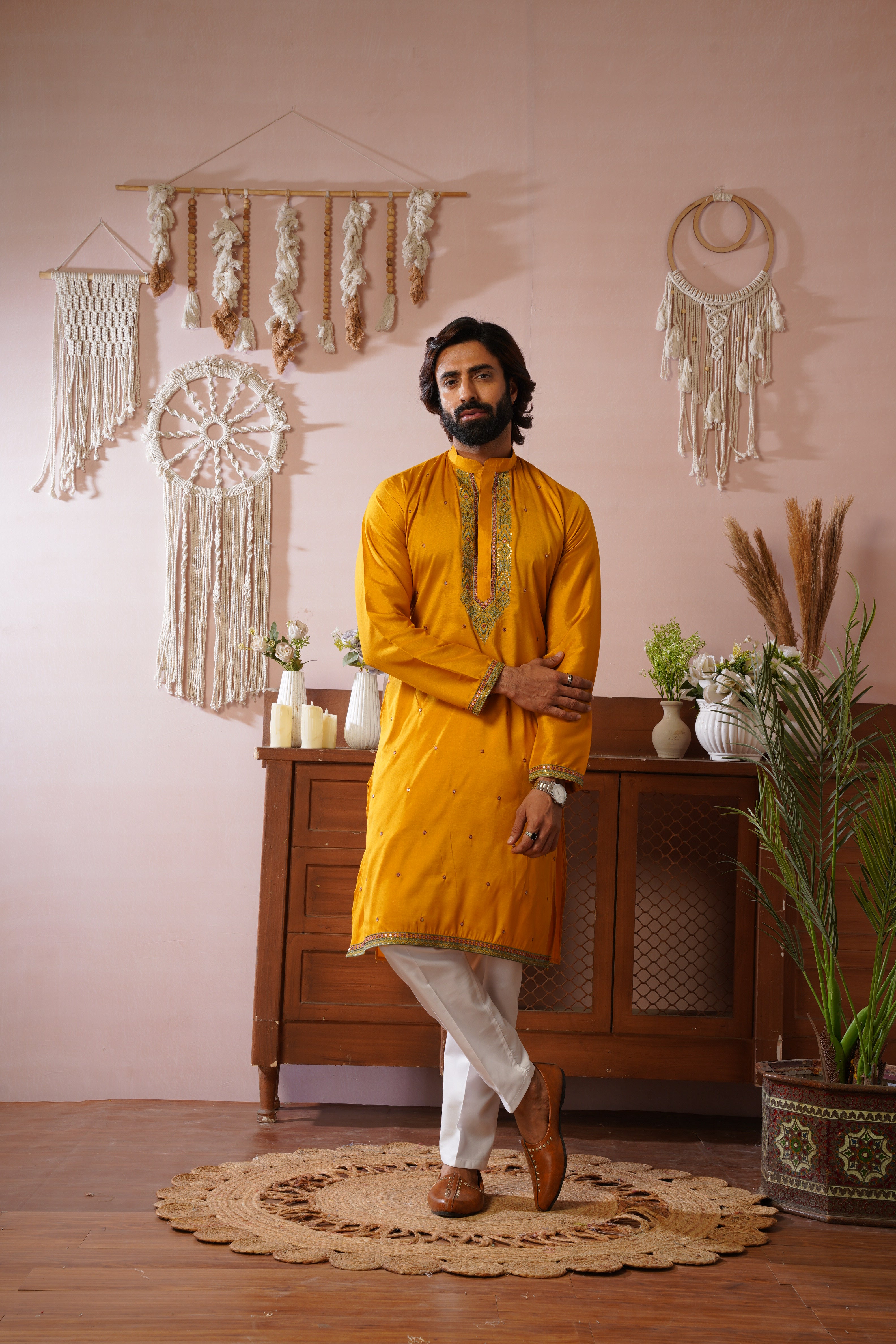 Embroidered Neckline & All-Over Motif Detailing Yellow Kurta Set