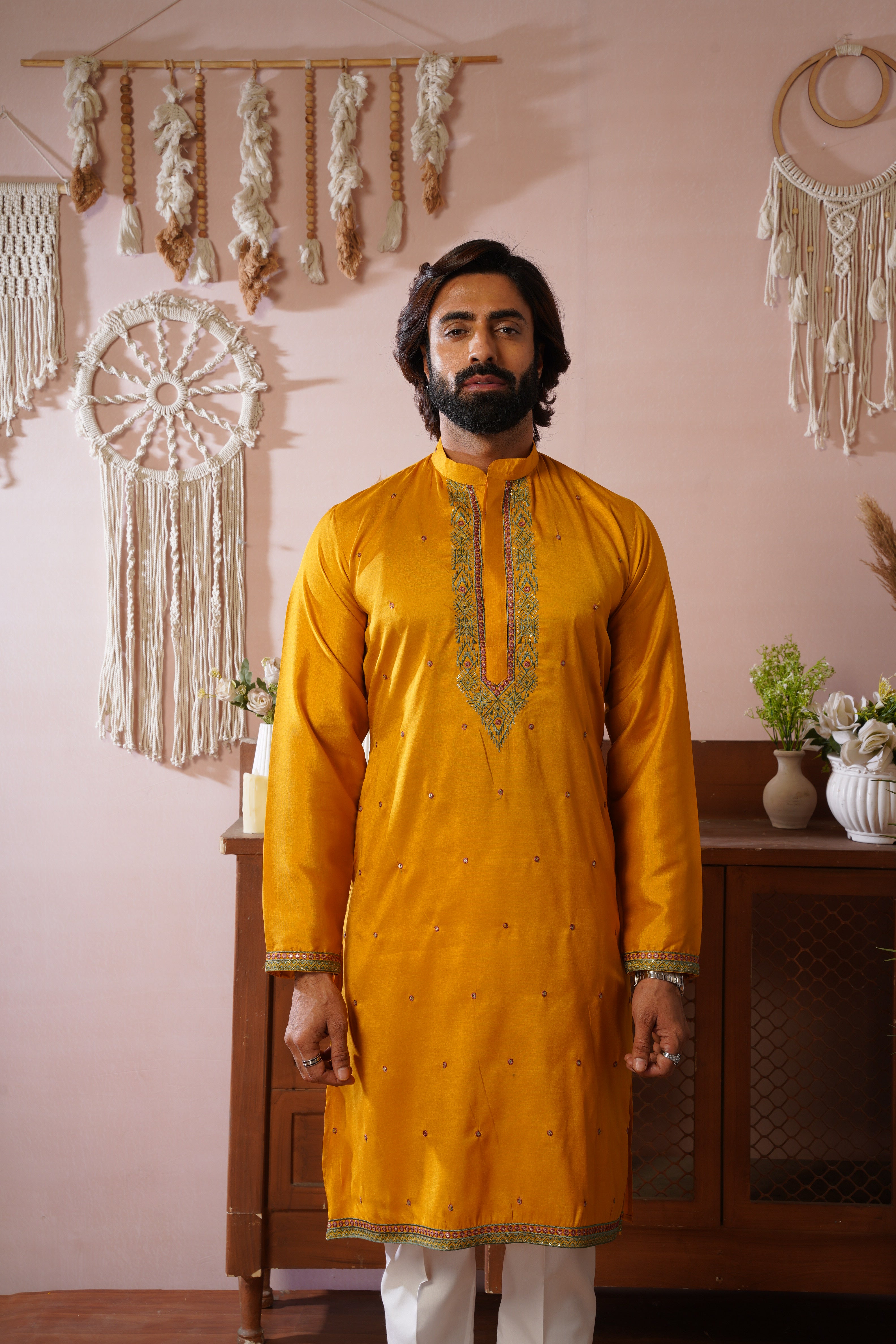 Embroidered Neckline & All-Over Motif Detailing Yellow Kurta Set