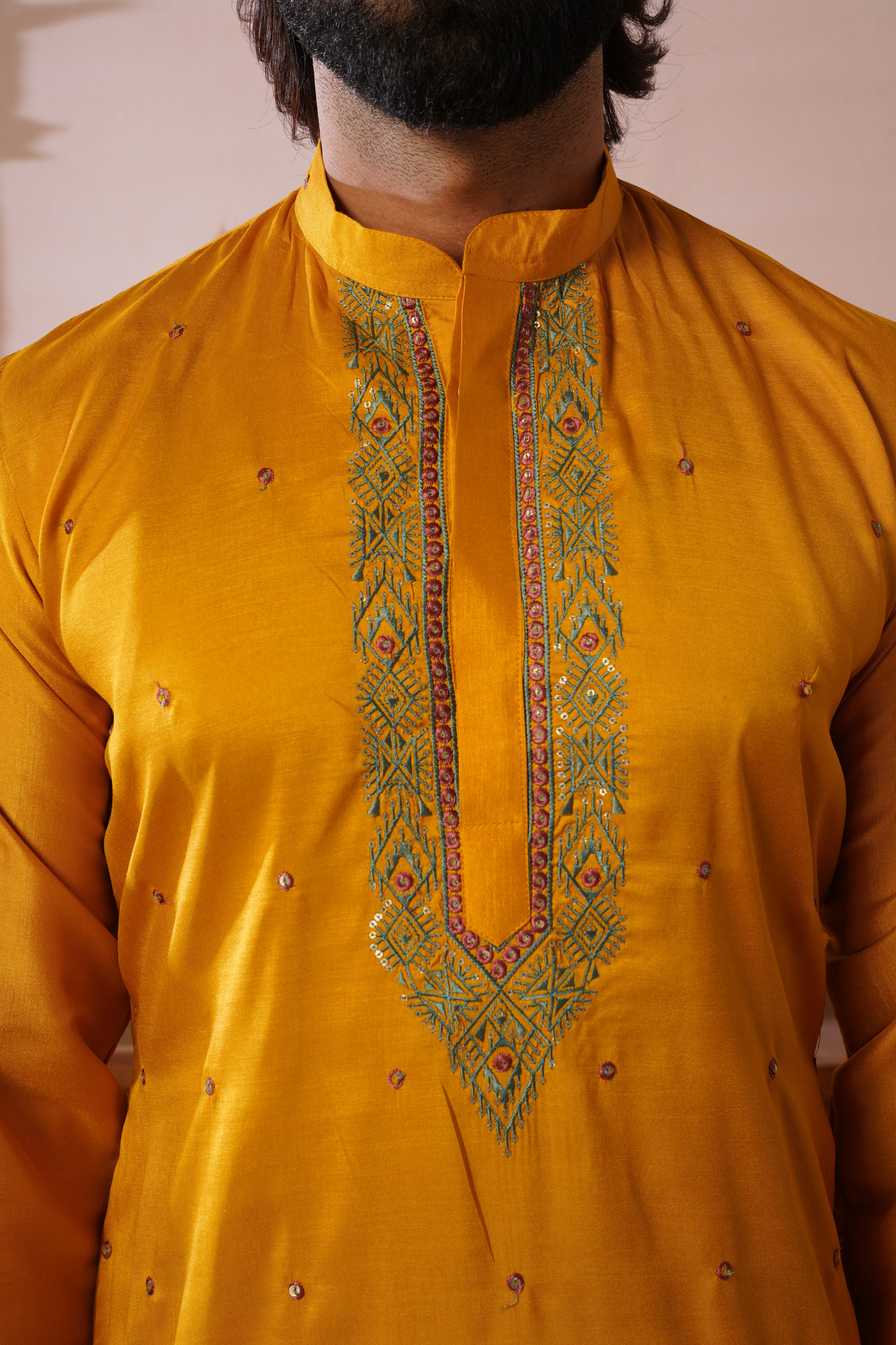 Embroidered Neckline & All-Over Motif Detailing Yellow Kurta Set