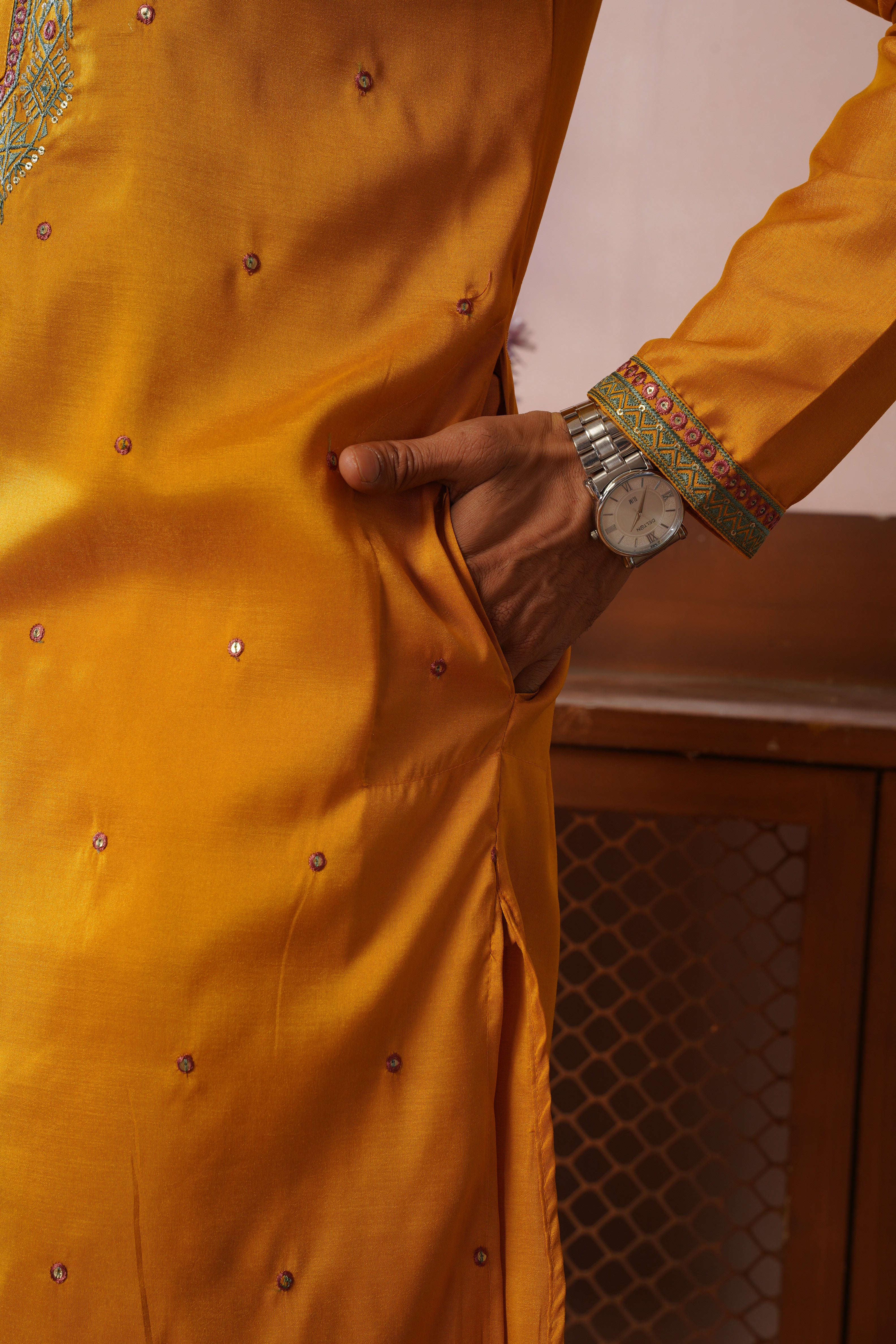 Embroidered Neckline & All-Over Motif Detailing Yellow Kurta Set