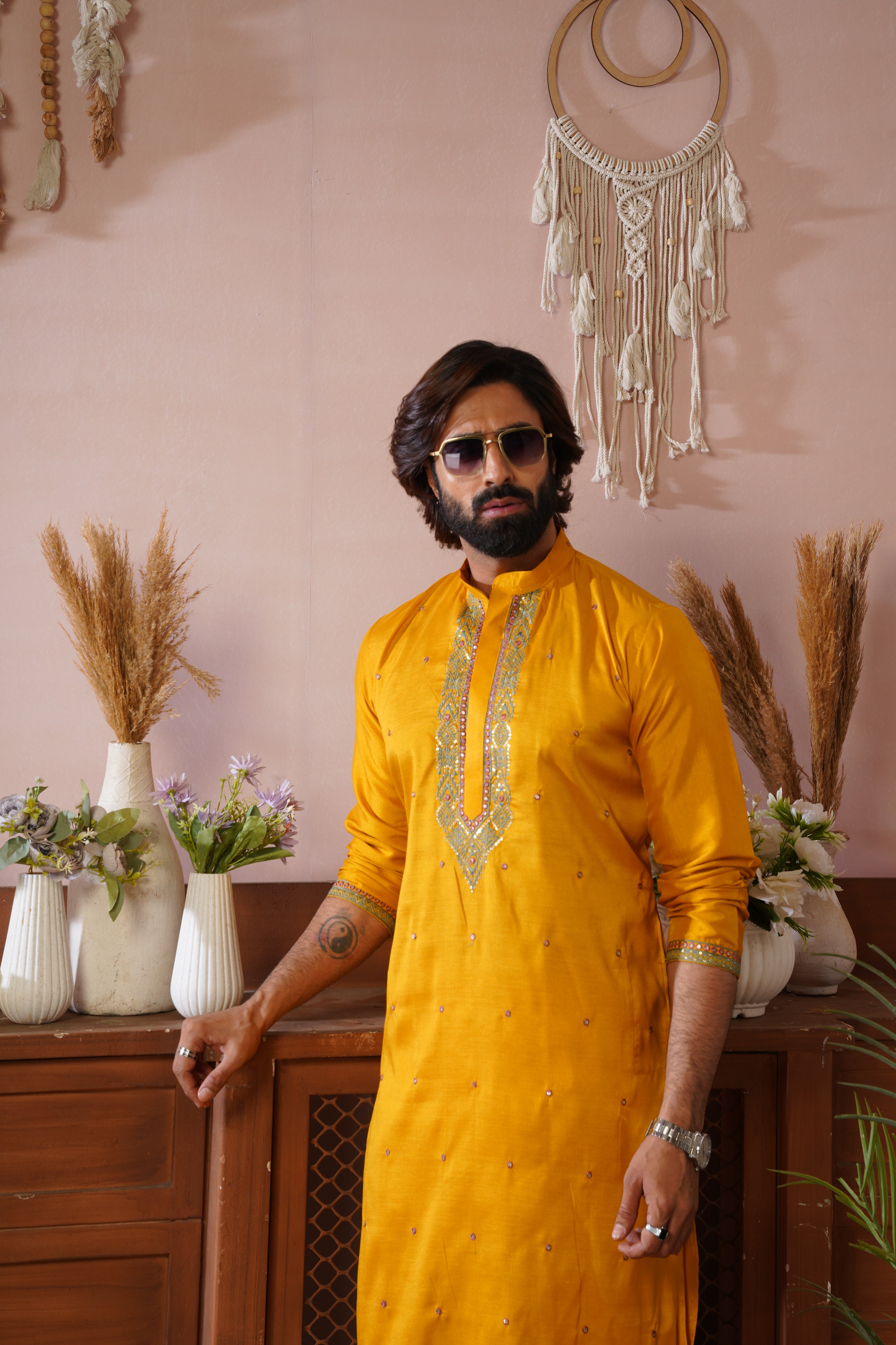Embroidered Neckline & All-Over Motif Detailing Yellow Kurta Set