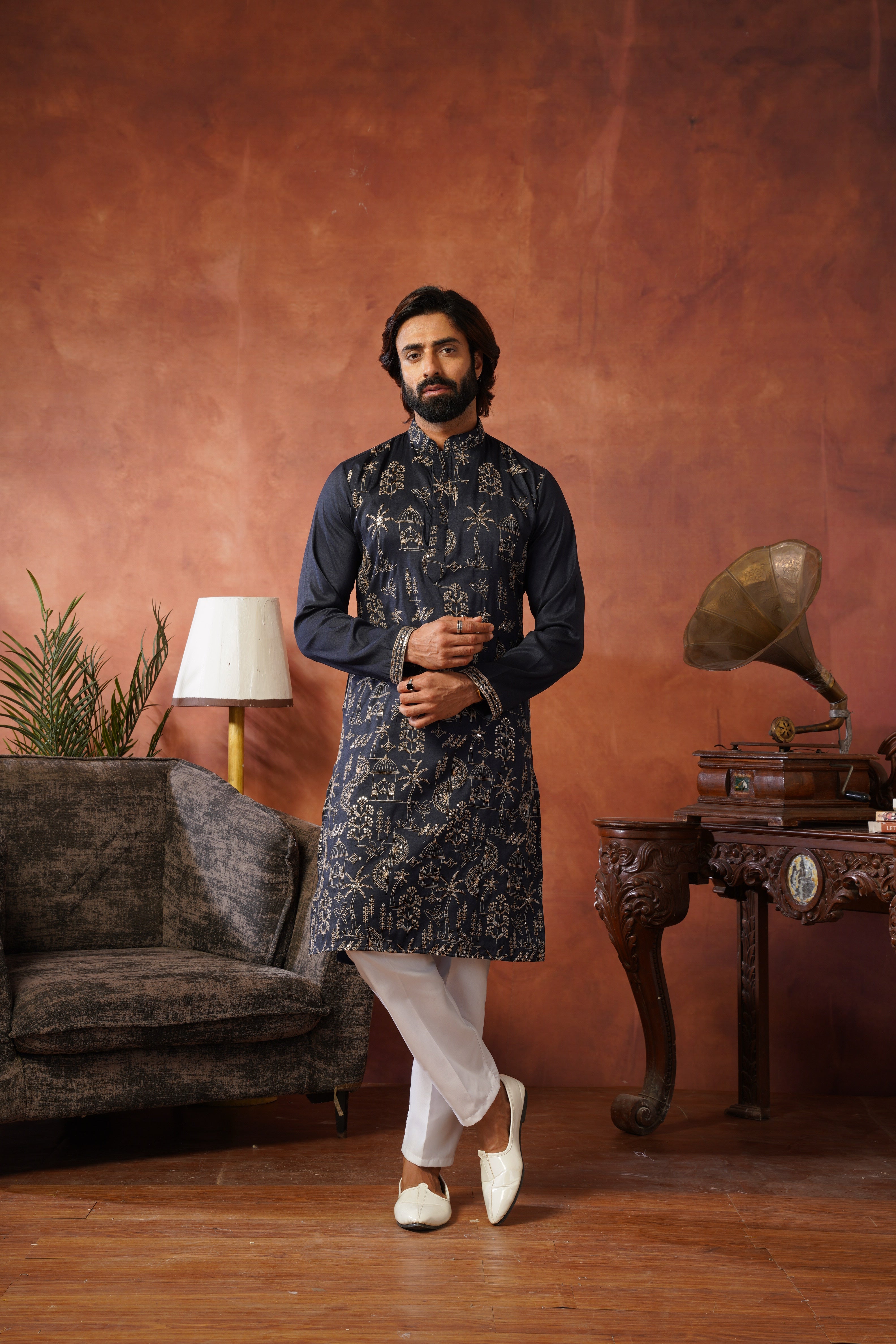 Blue Luxe Gold Silk Embroidered Kurta Set