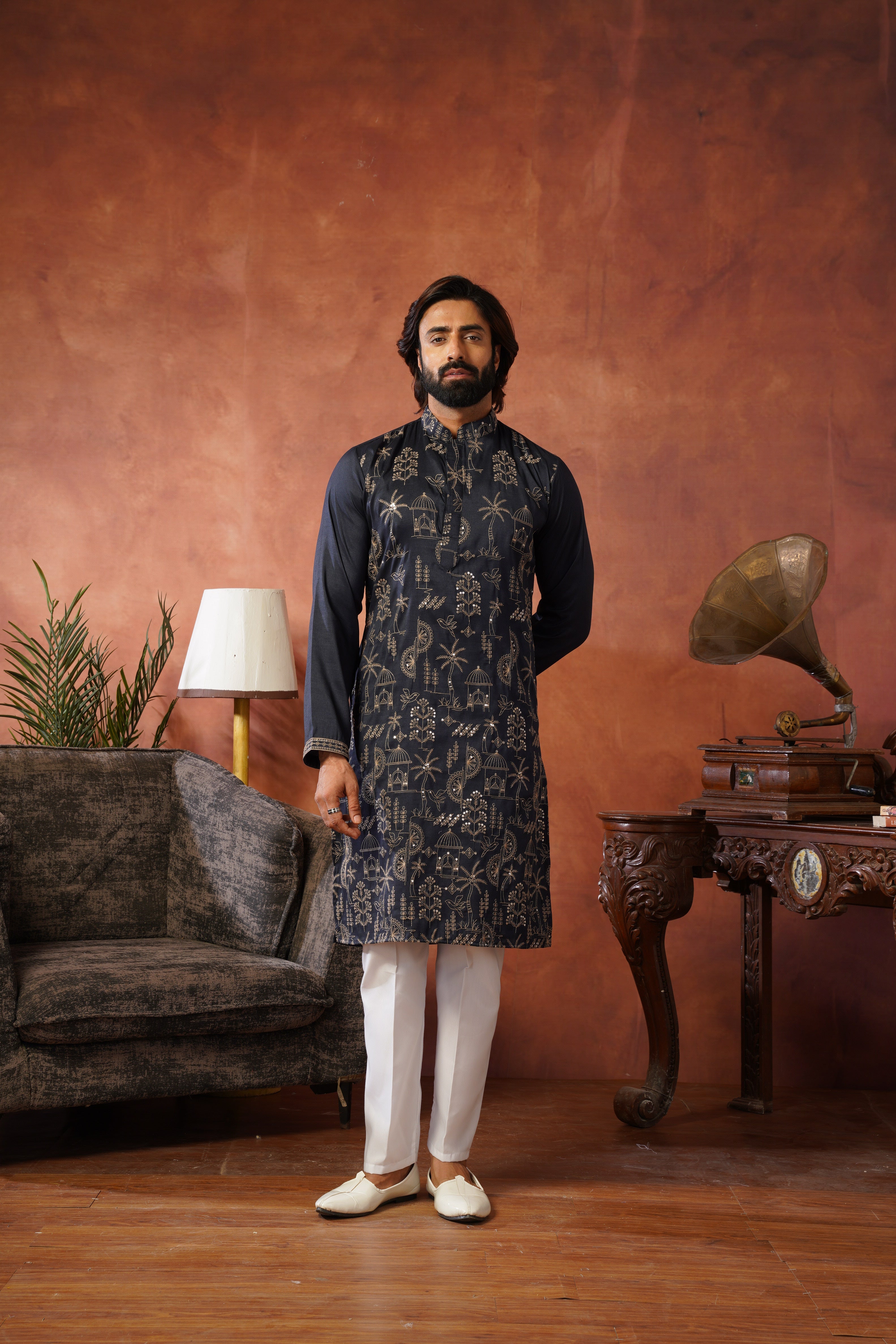 Blue Luxe Gold Silk Embroidered Kurta Set