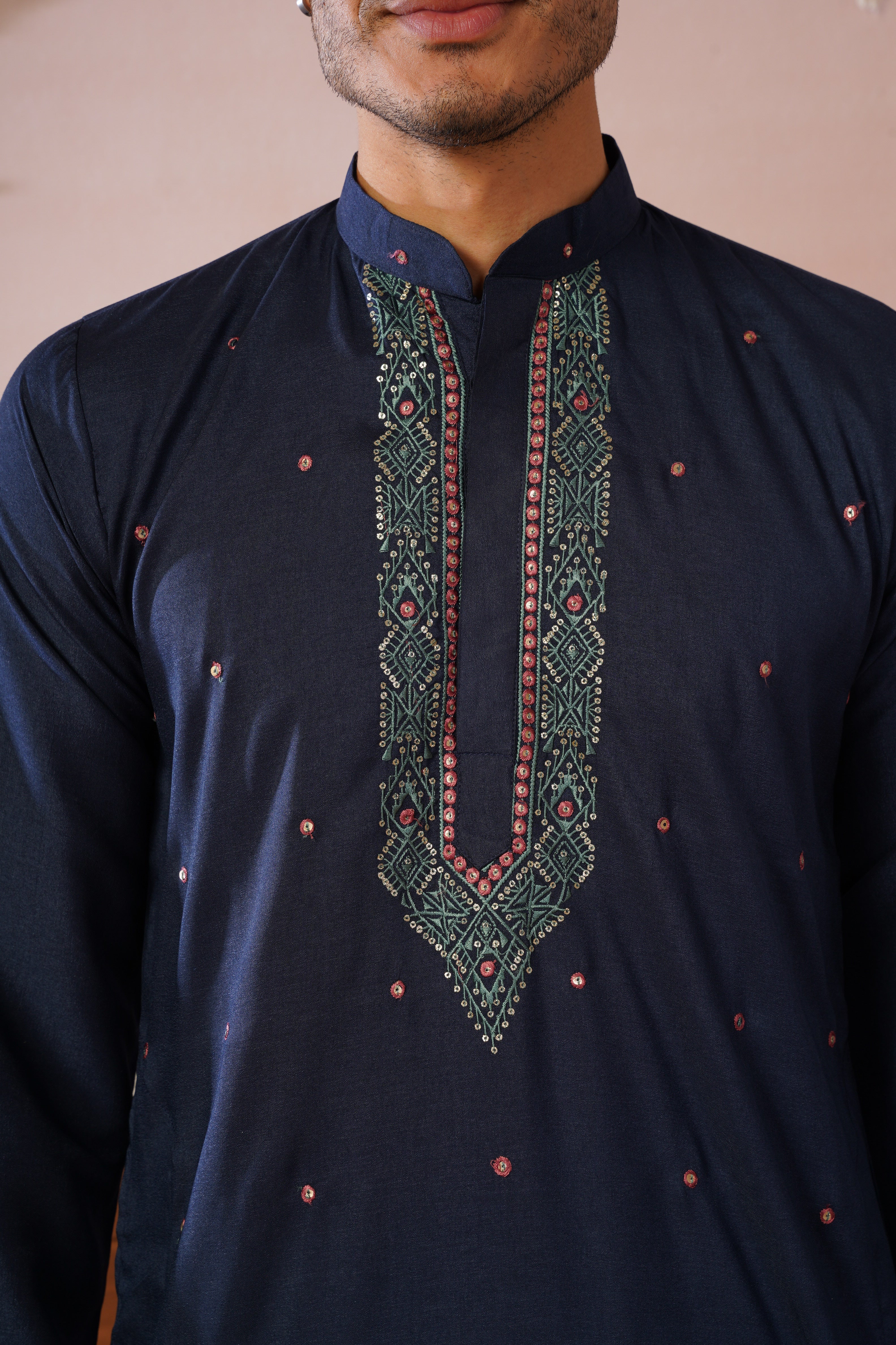 Embroidered Neckline & All-Over Motif Detailing Blue Kurta Set