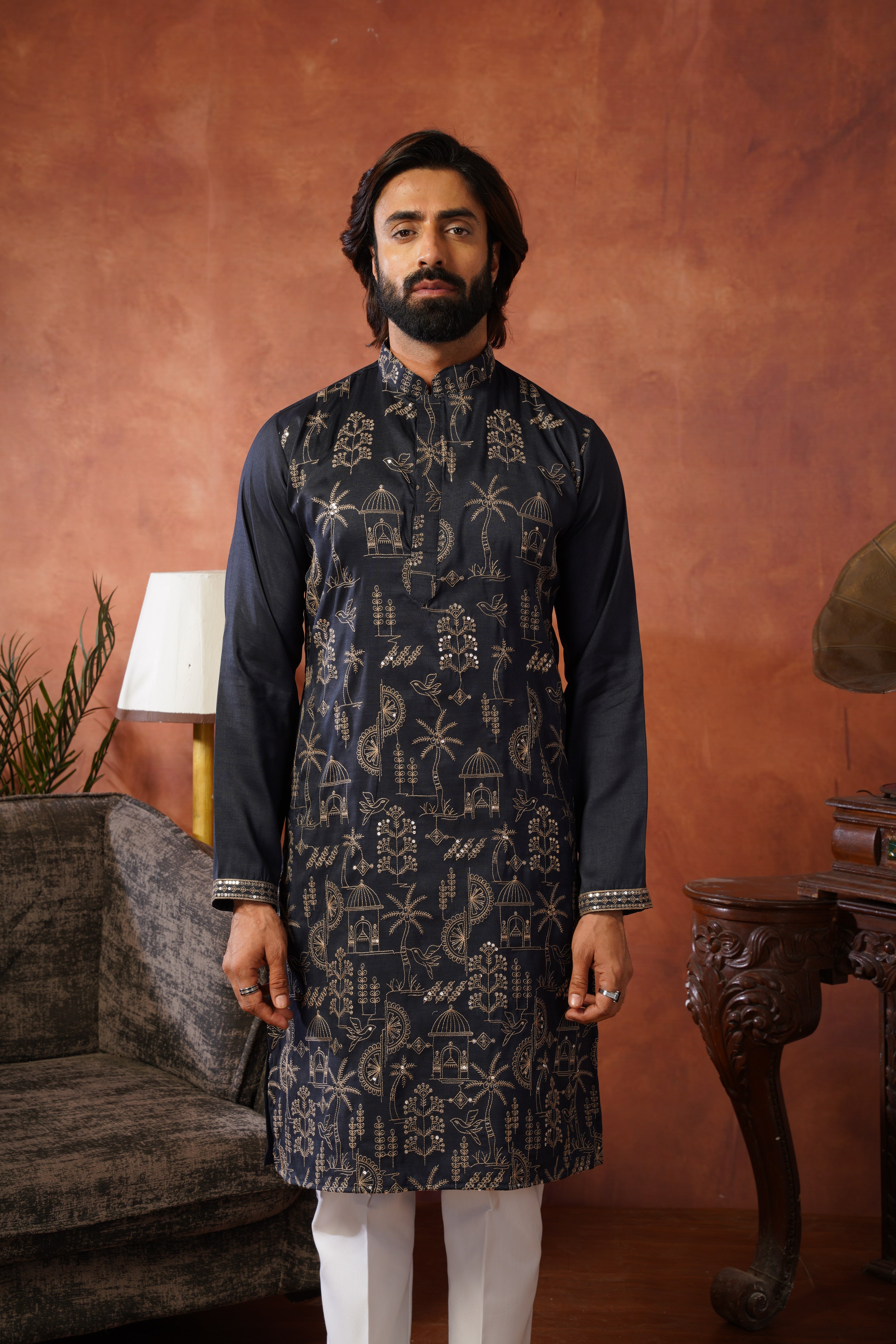 Blue Luxe Gold Silk Embroidered Kurta Set