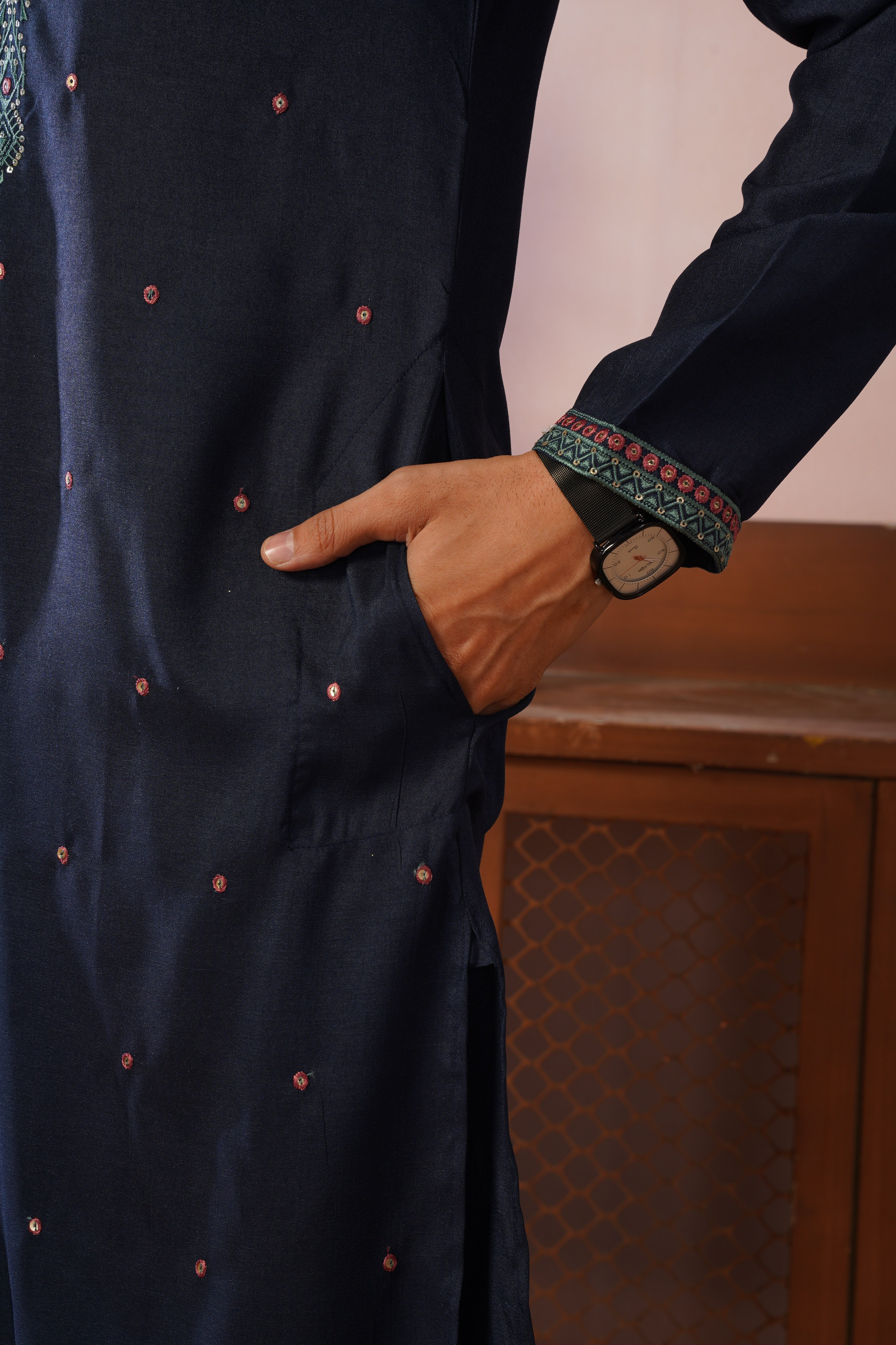 Embroidered Neckline & All-Over Motif Detailing Blue Kurta Set