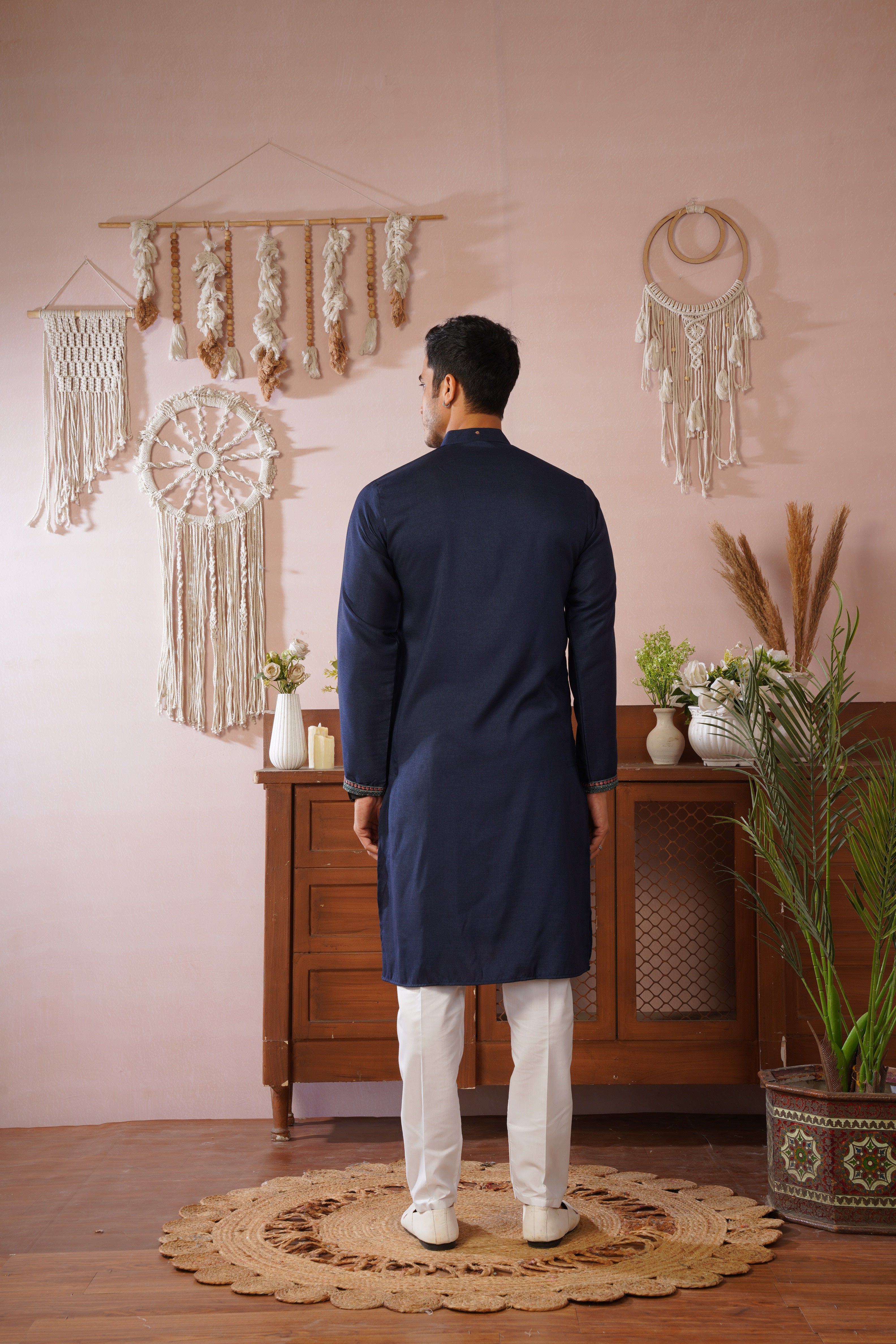Embroidered Neckline & All-Over Motif Detailing Blue Kurta Set