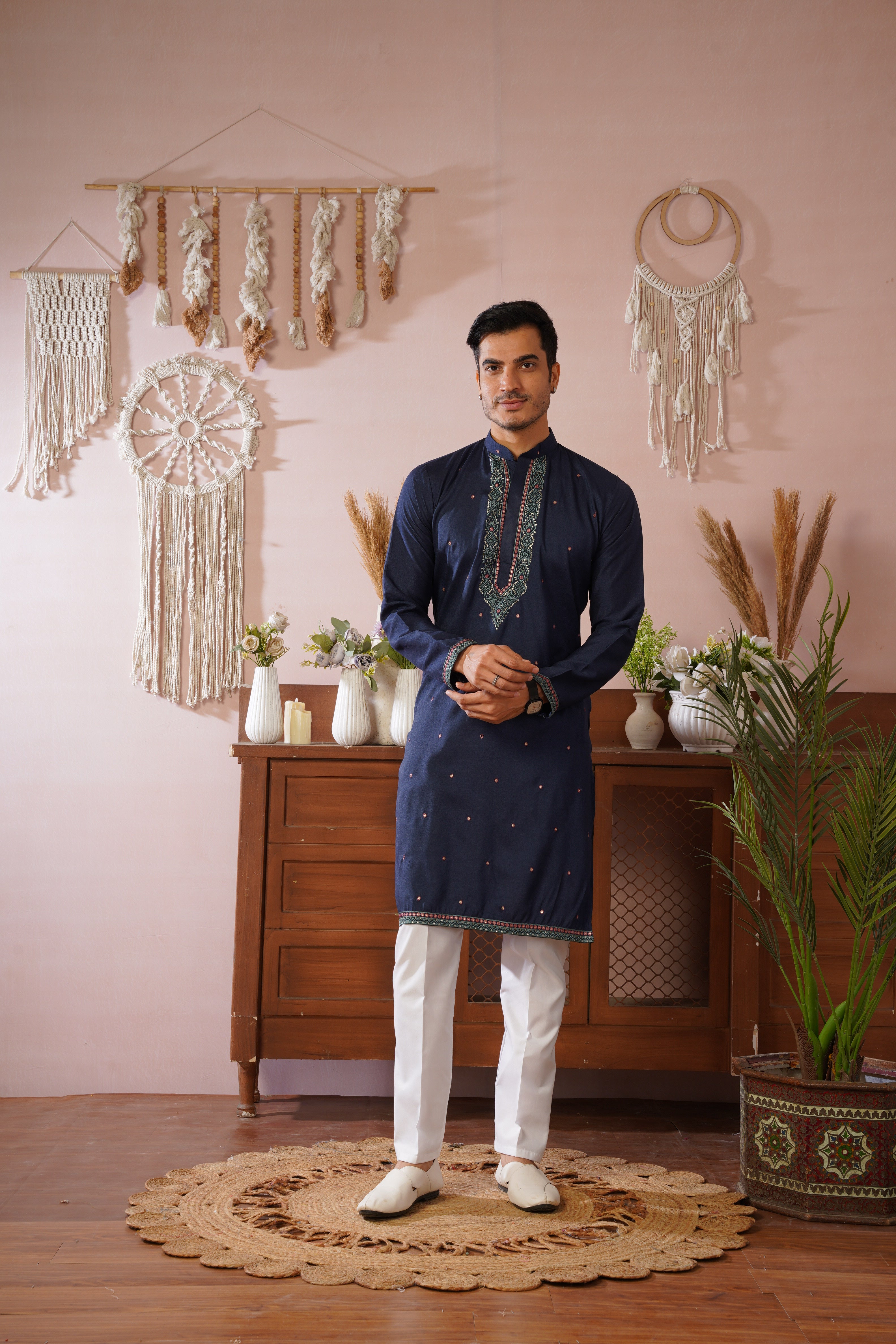 Embroidered Neckline & All-Over Motif Detailing Blue Kurta Set