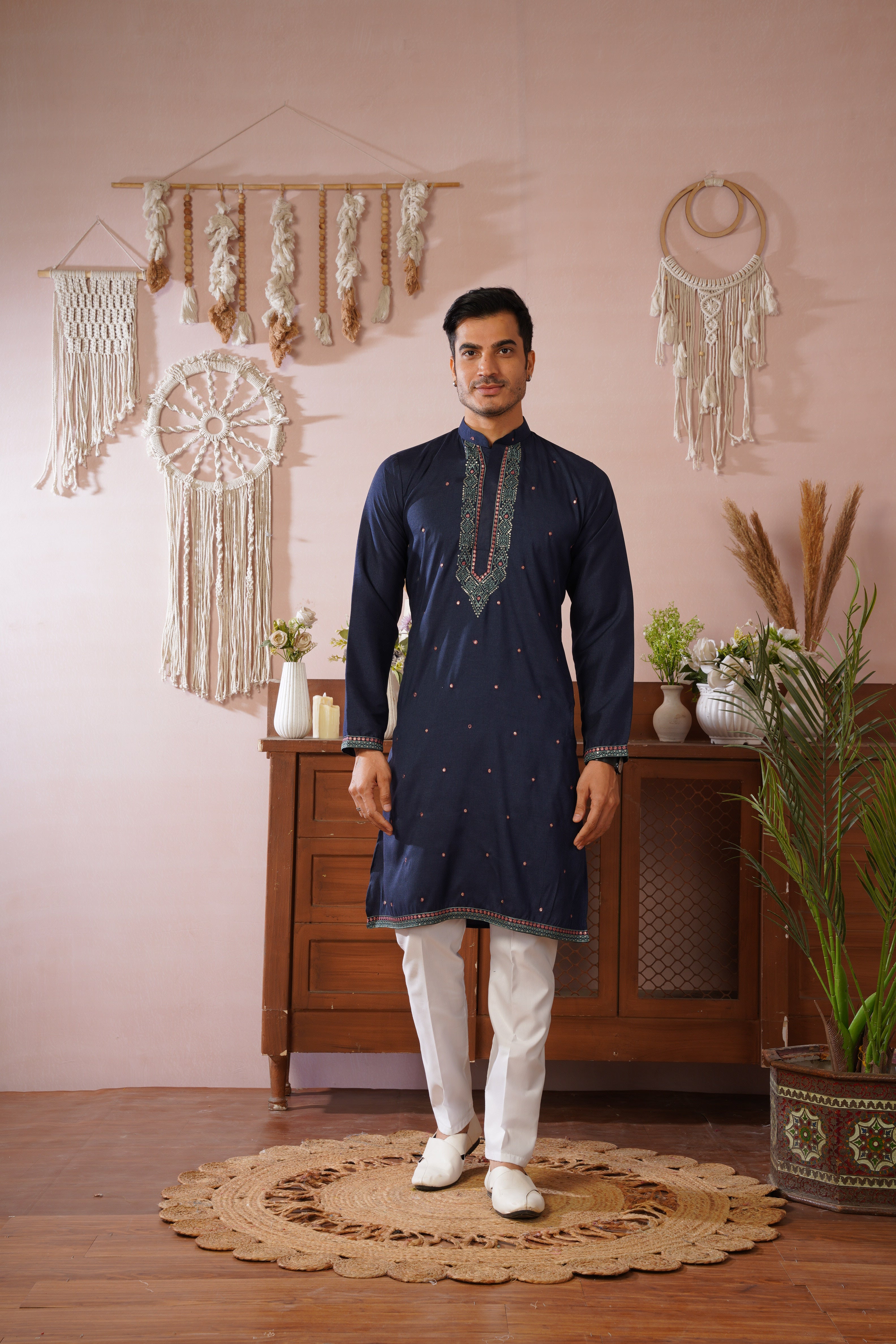 Embroidered Neckline & All-Over Motif Detailing Blue Kurta Set
