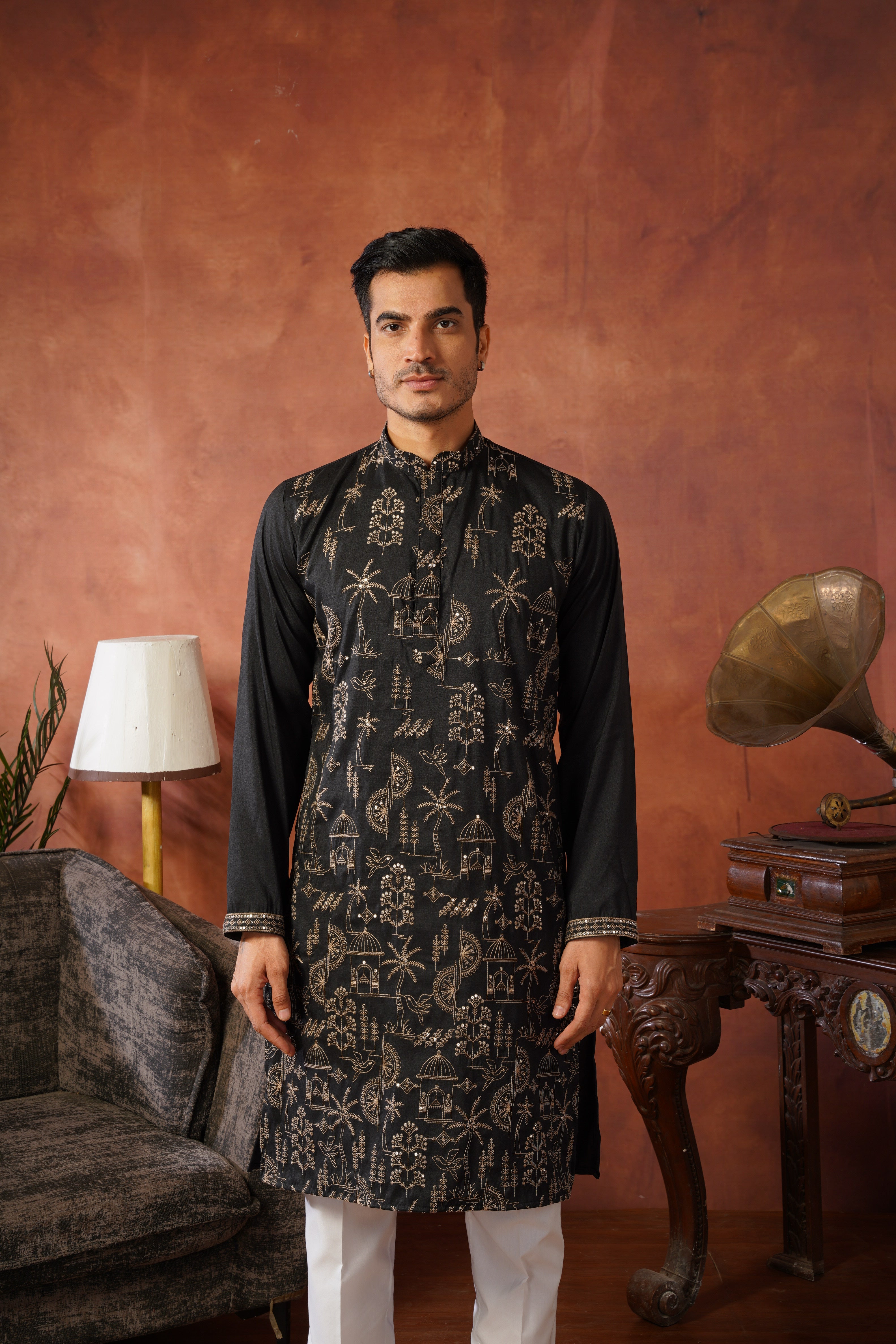 Black Luxe Gold Silk Embroidered Kurta Set