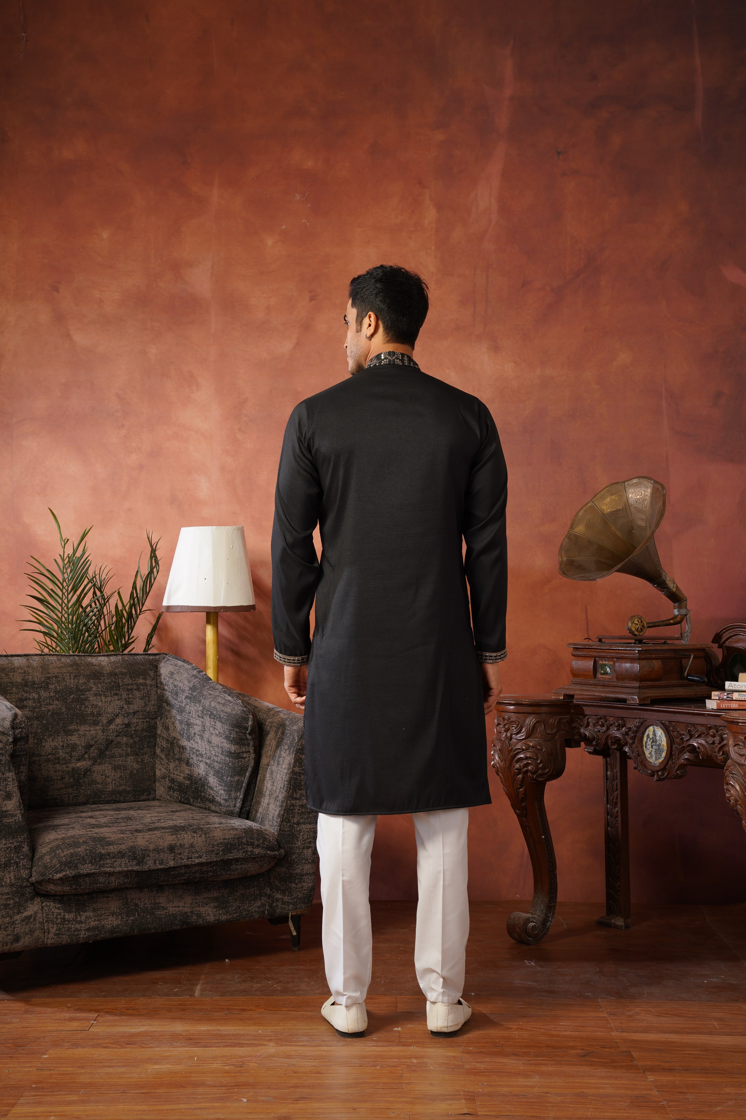 Black Luxe Gold Silk Embroidered Kurta Set