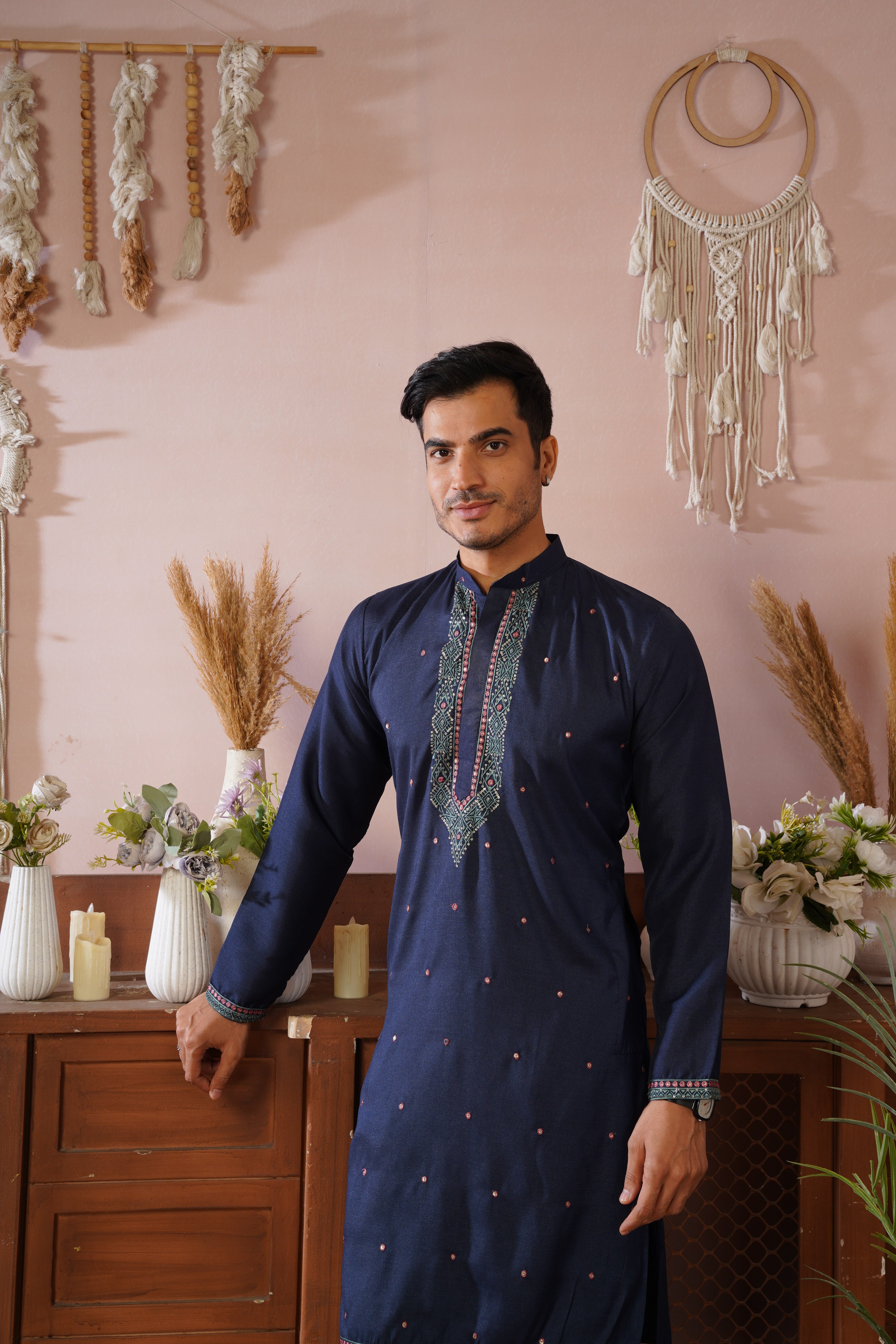 Embroidered Neckline & All-Over Motif Detailing Blue Kurta Set