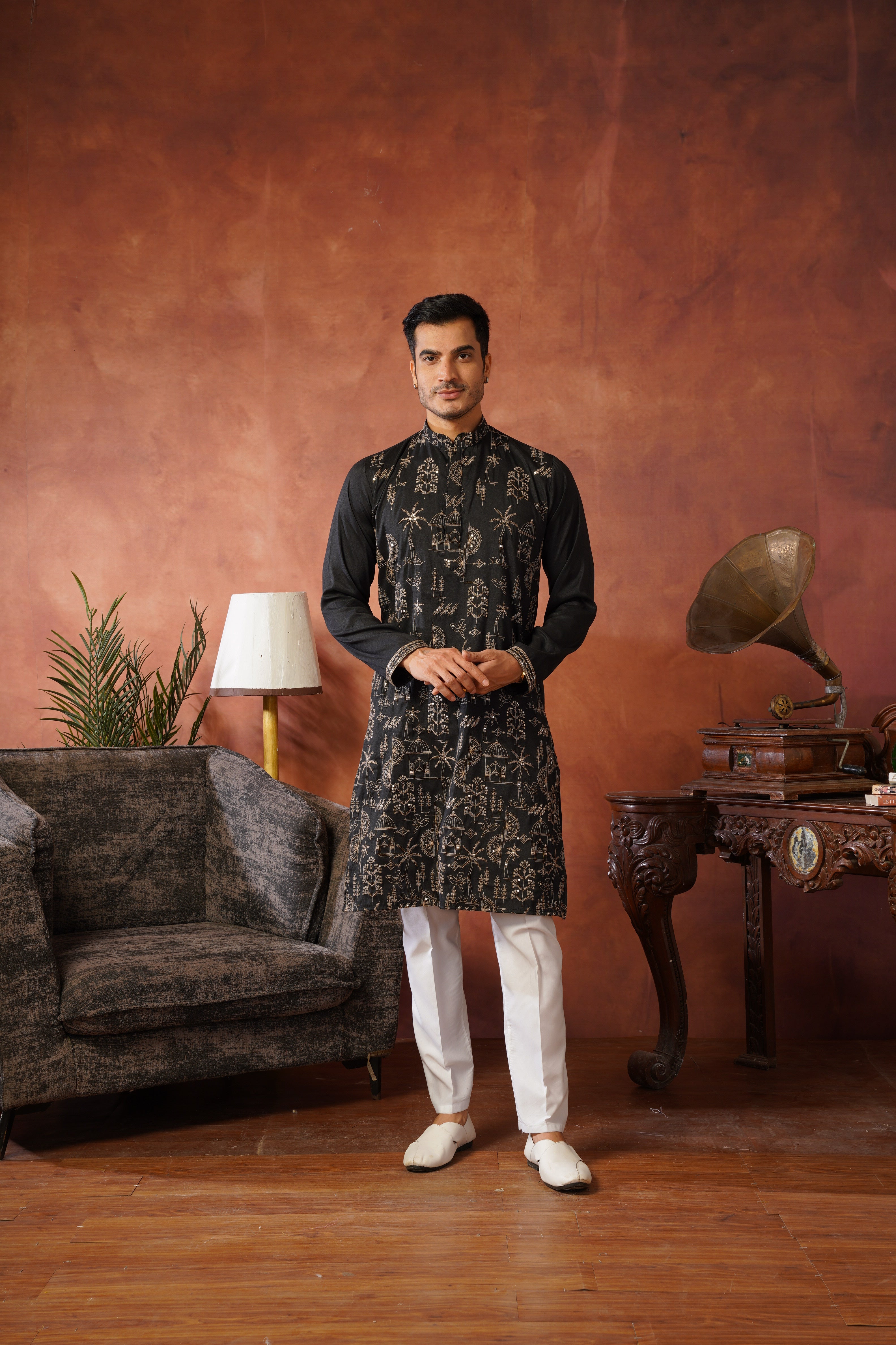 Black Luxe Gold Silk Embroidered Kurta Set