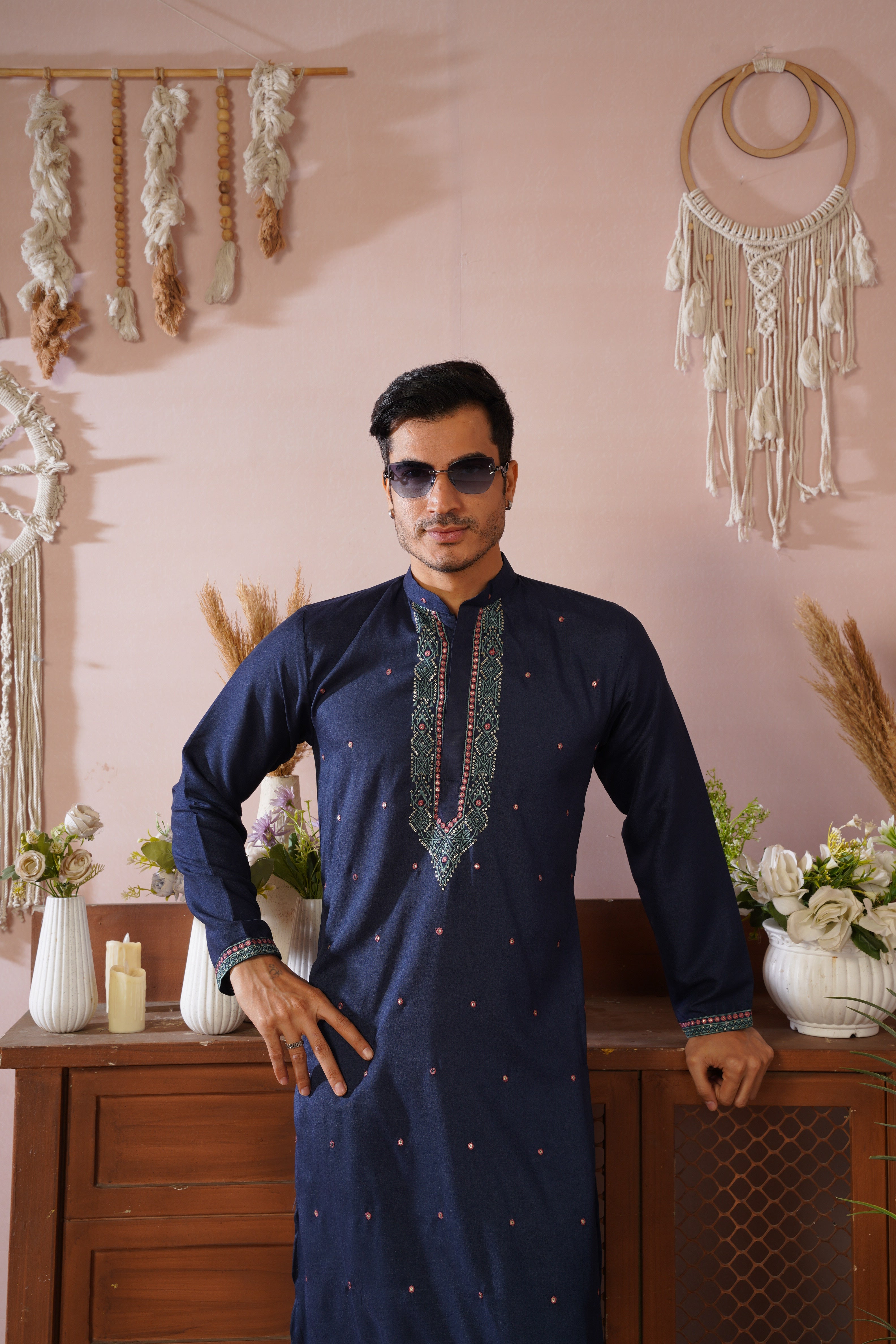 Embroidered Neckline & All-Over Motif Detailing Blue Kurta Set