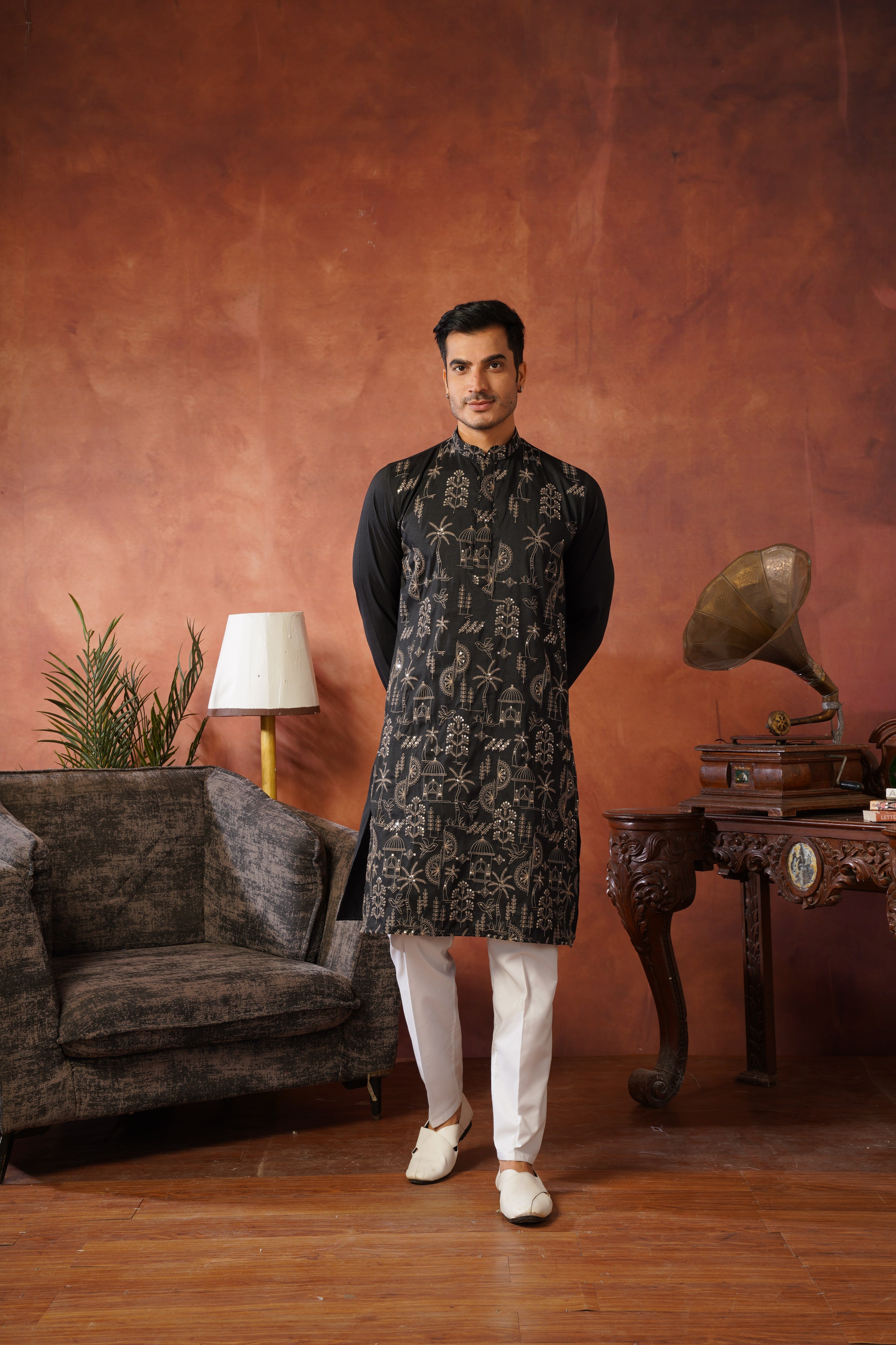 Black Luxe Gold Silk Embroidered Kurta Set