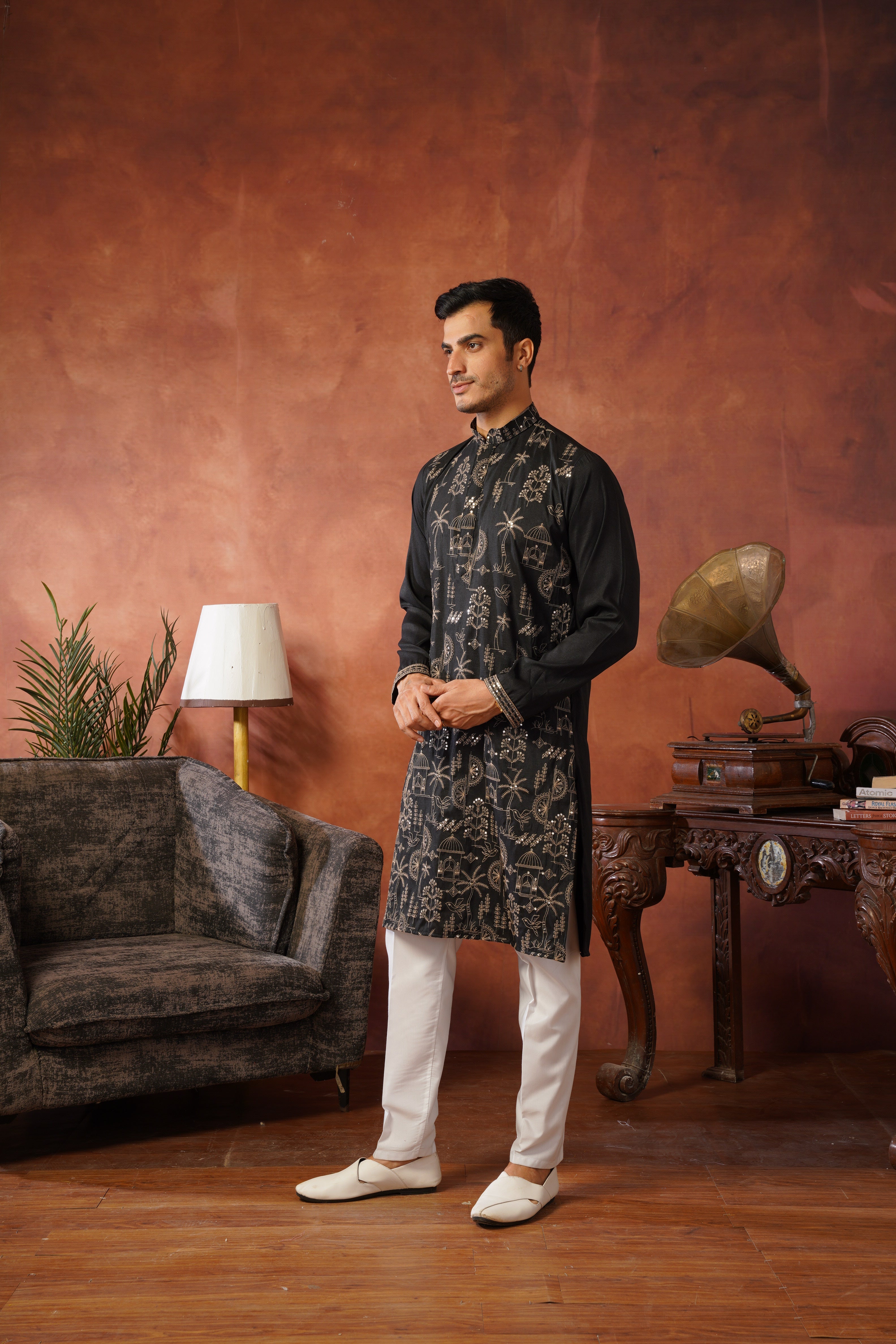 Black Luxe Gold Silk Embroidered Kurta Set
