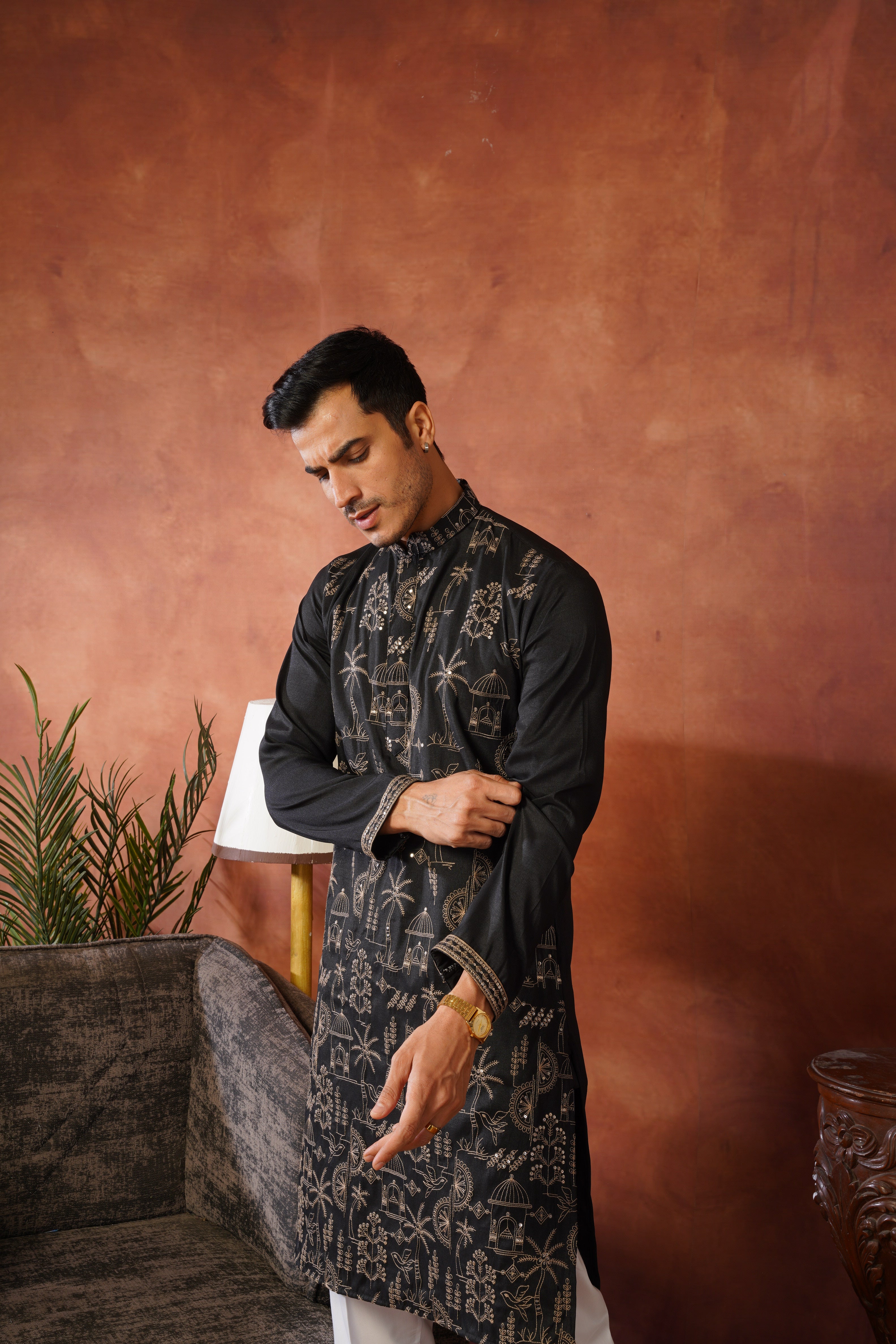 Black Luxe Gold Silk Embroidered Kurta Set