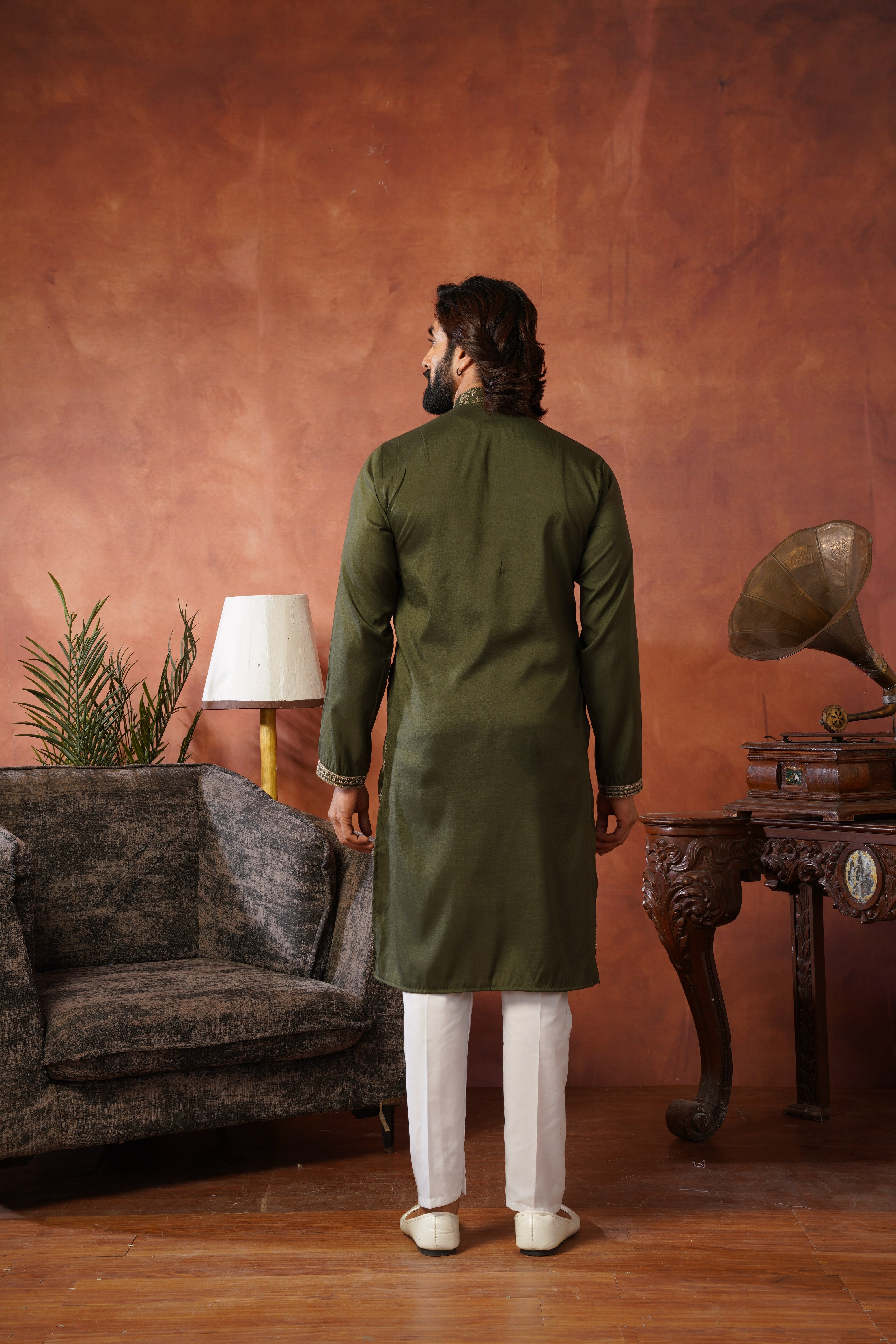Olive Luxe Gold Silk Embroidered Kurta Set