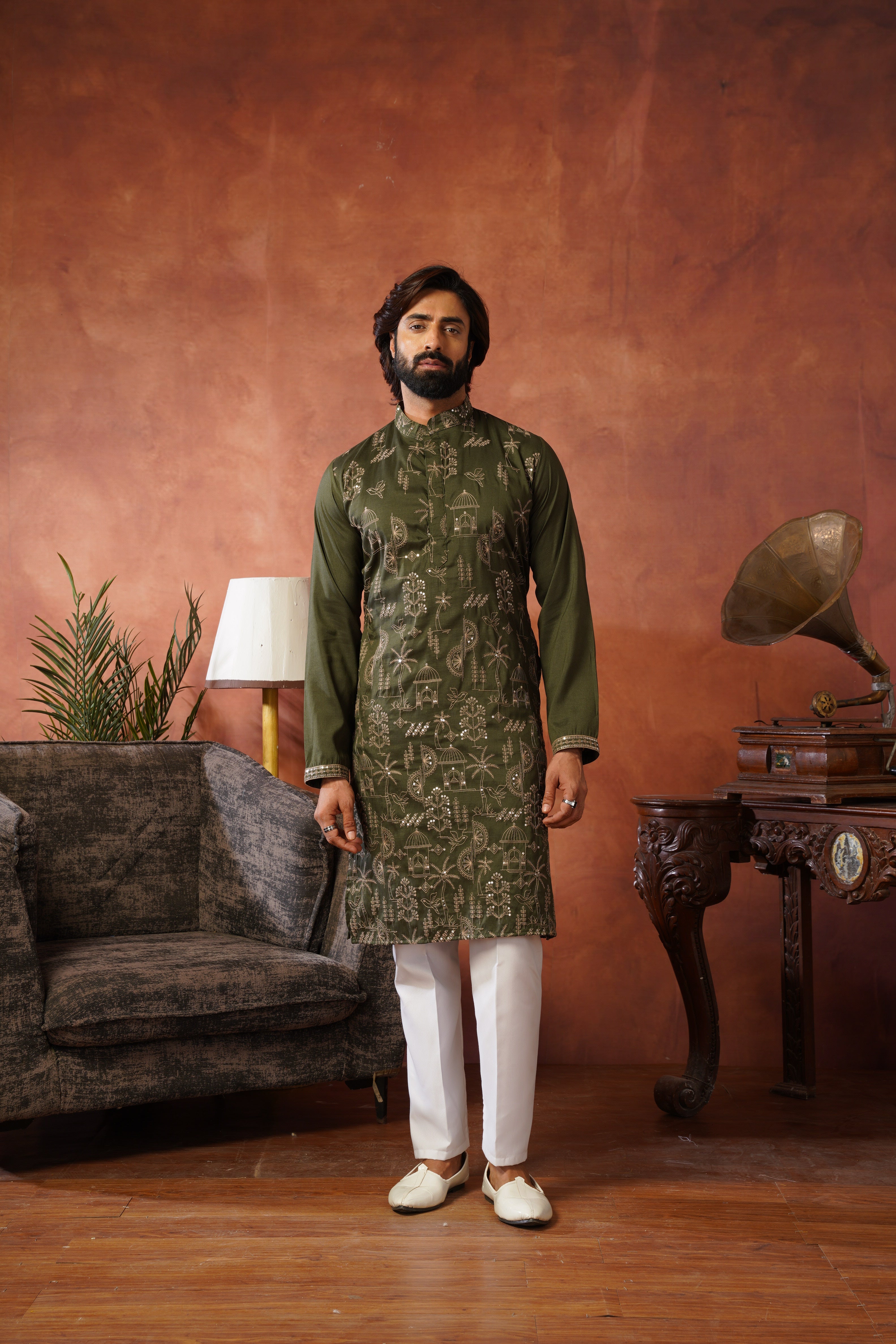 Olive Luxe Gold Silk Embroidered Kurta Set