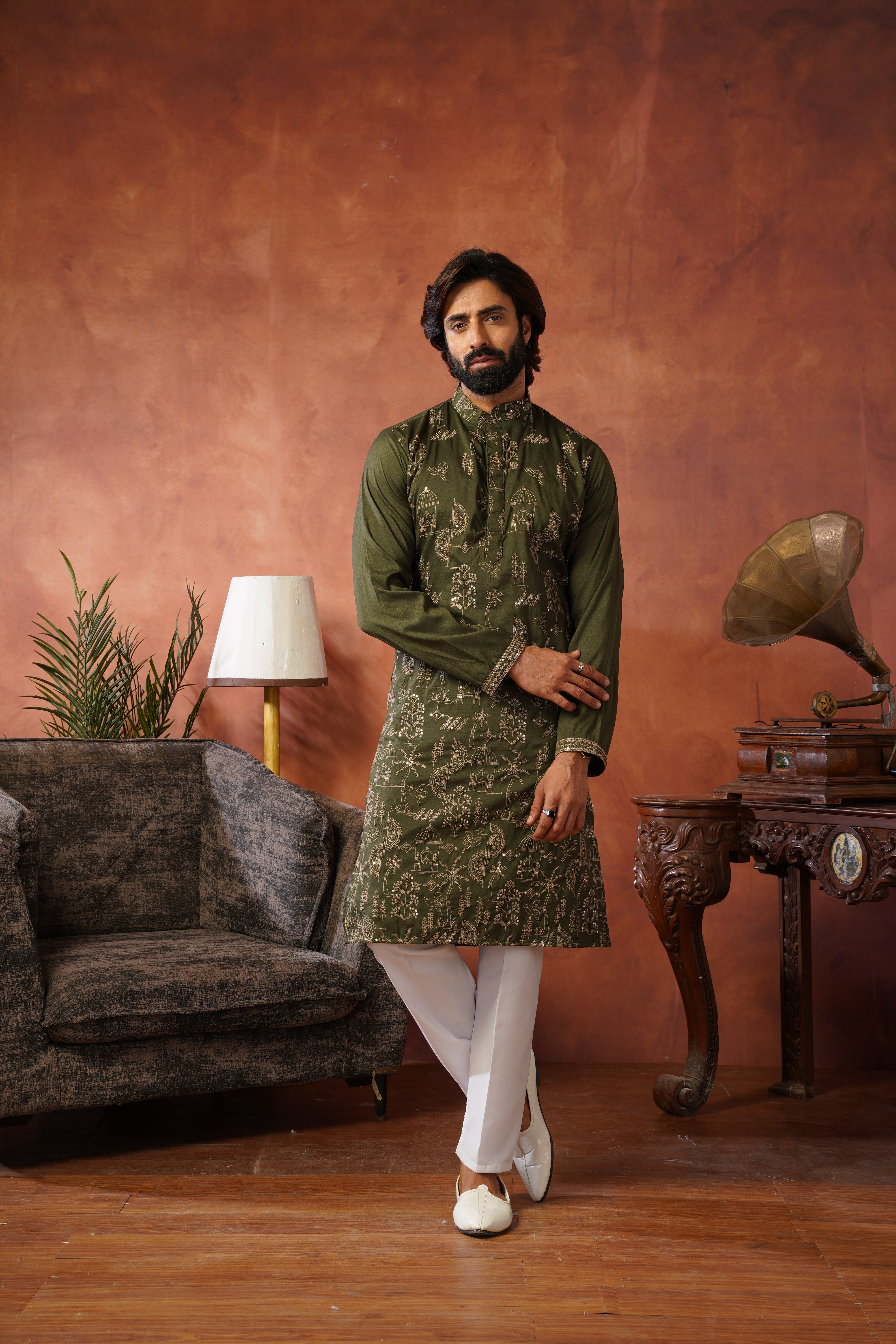 Olive Luxe Gold Silk Embroidered Kurta Set