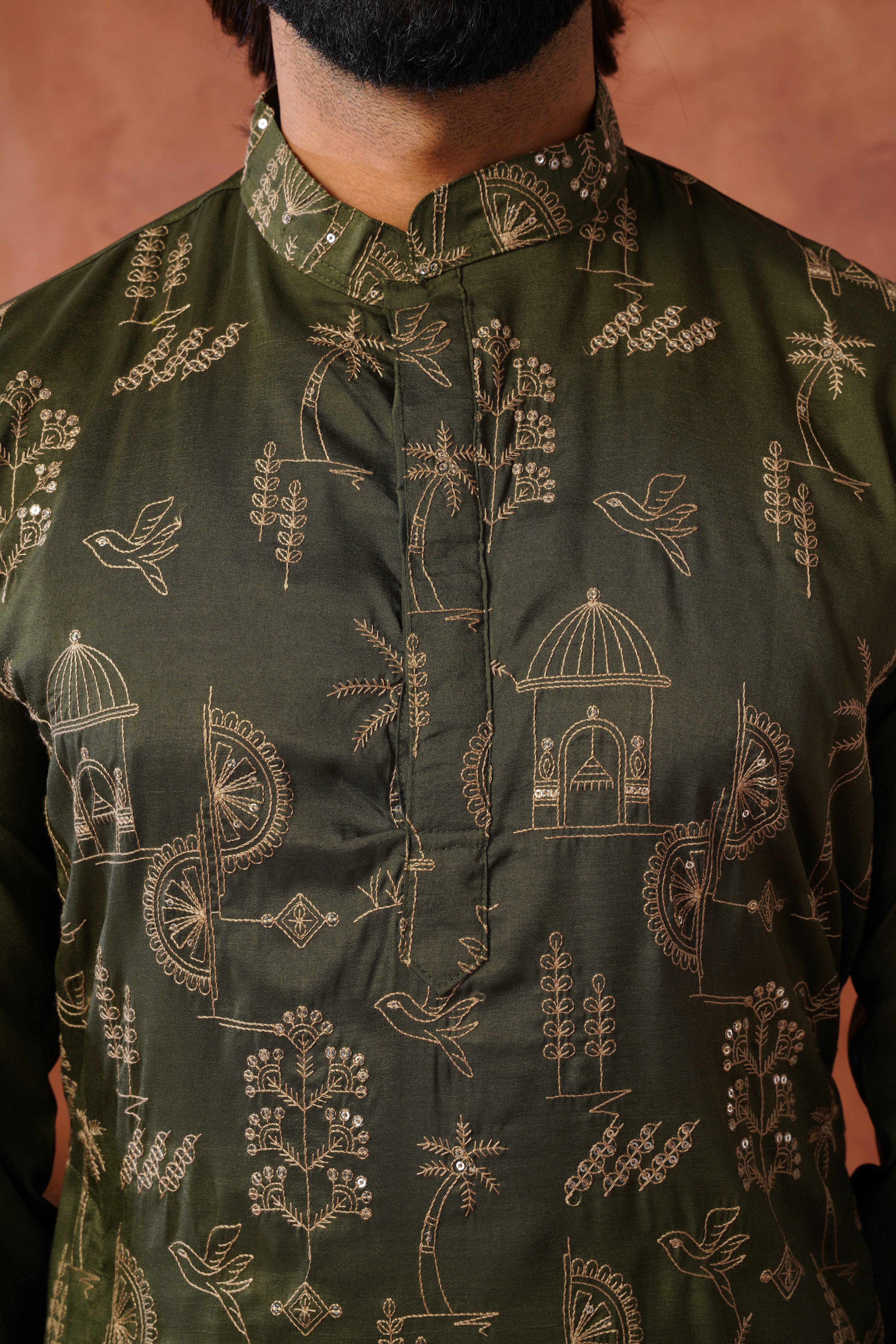Olive Luxe Gold Silk Embroidered Kurta Set