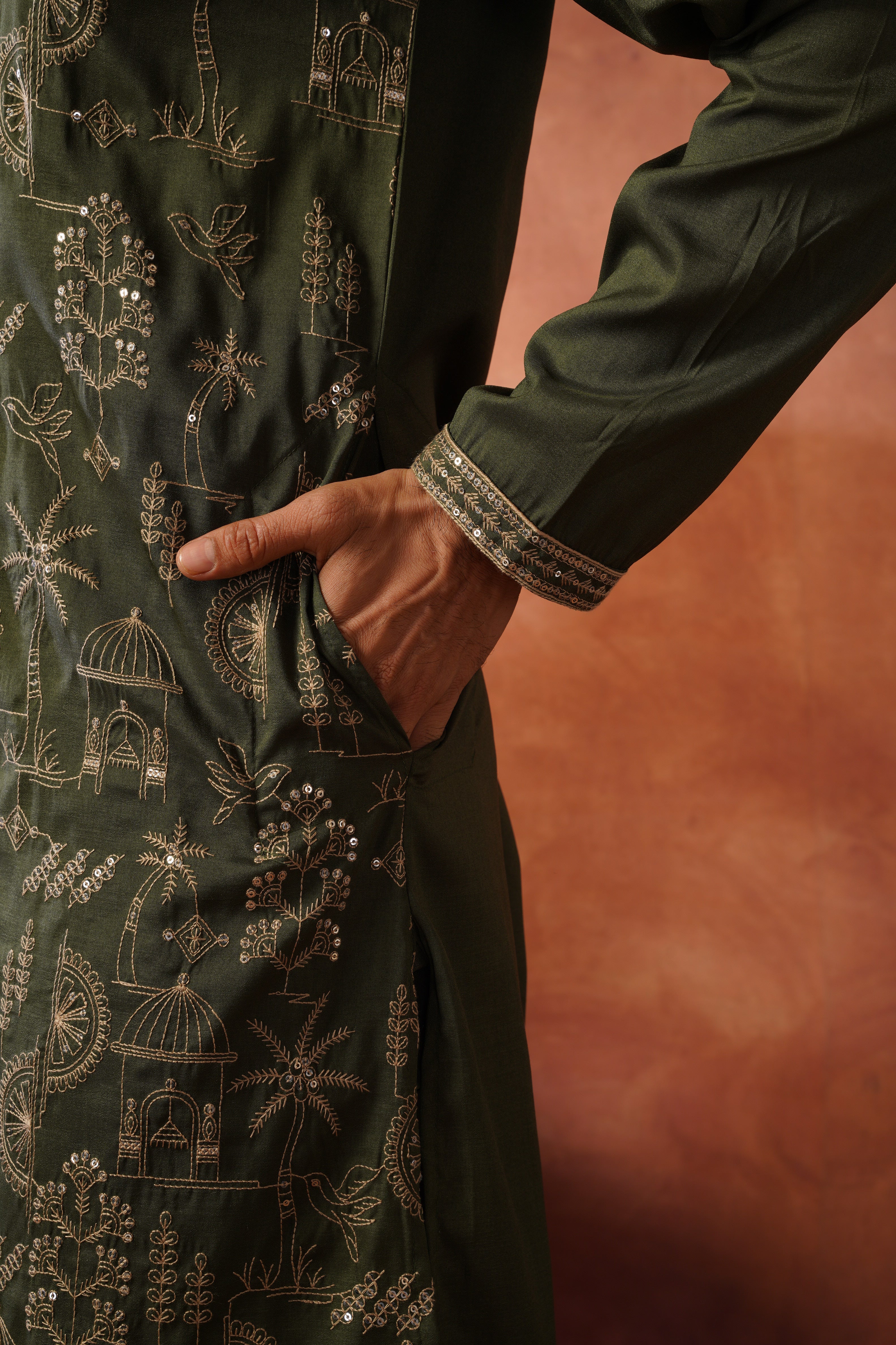 Olive Luxe Gold Silk Embroidered Kurta Set
