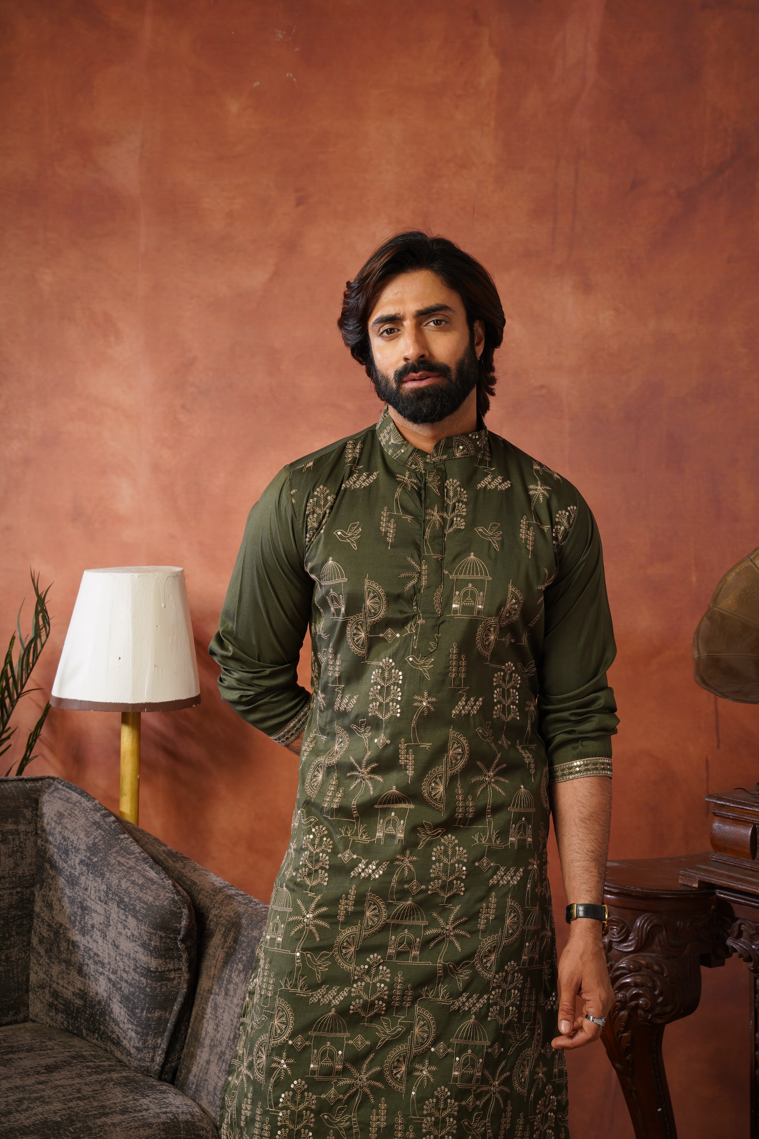 Olive Luxe Gold Silk Embroidered Kurta Set